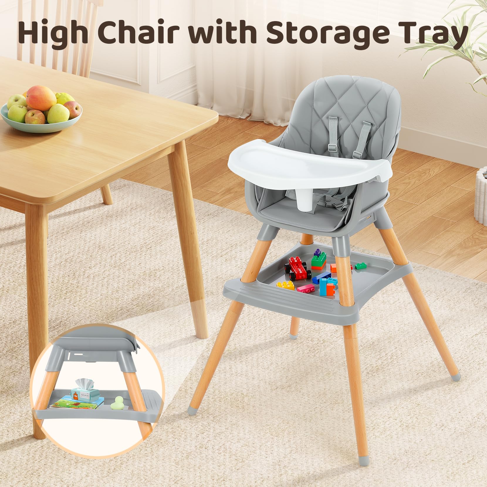 Ezebaby Chaise haute + rehausseur + chaise enfant + tabouret de bar, 6 en 1, multifonctionnelle, pieds en bois, à partir de 6 mois (Gris avec étagère)