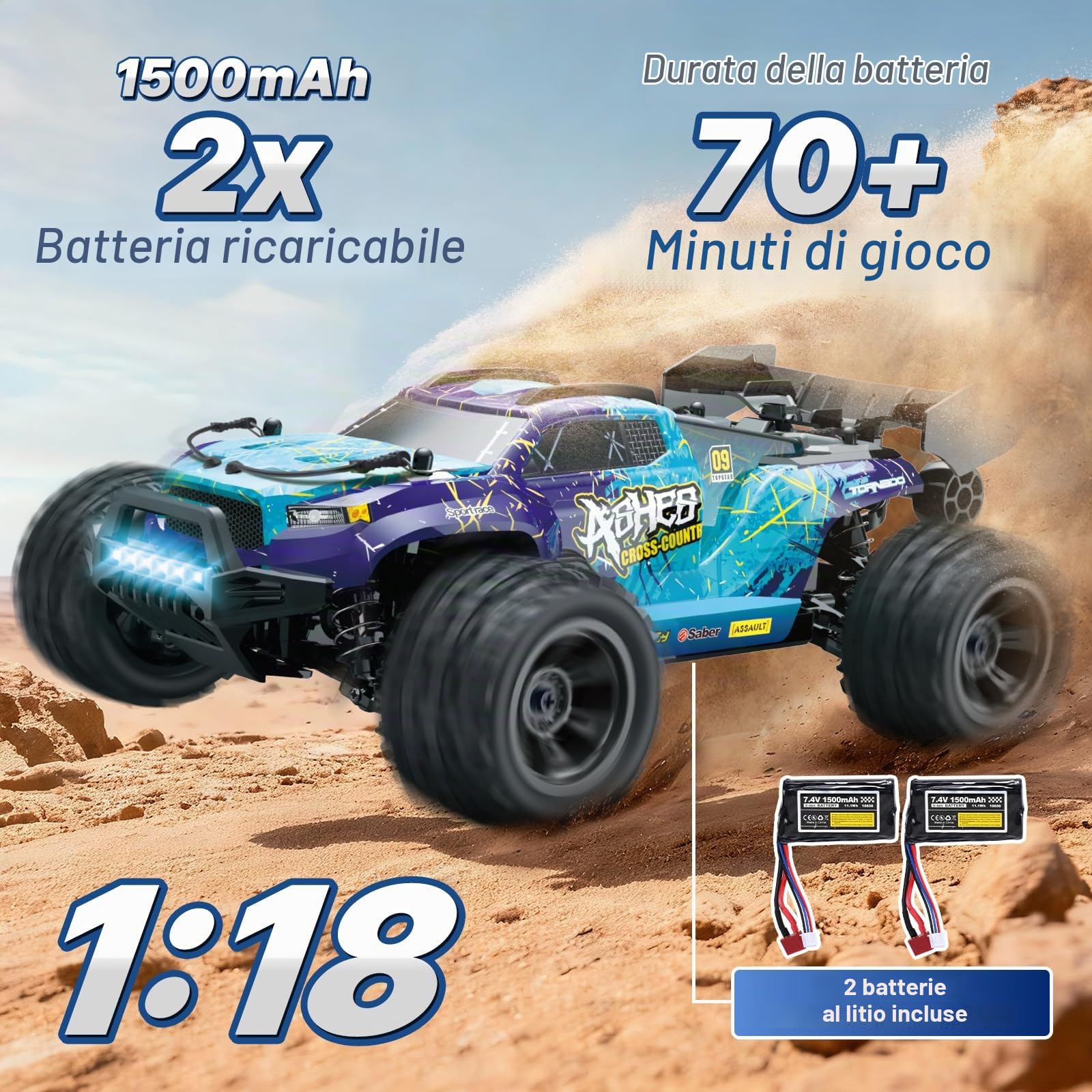 Auto telecomandata per adulti 1:18, RC Auto 2,4 GHz 4WD 40 km/h, RC Car Offroad Senza Spazzole con 2 x 1500 mAh Batterie & Motore RC380: RC Buggy per esterno a partire da 14 anni