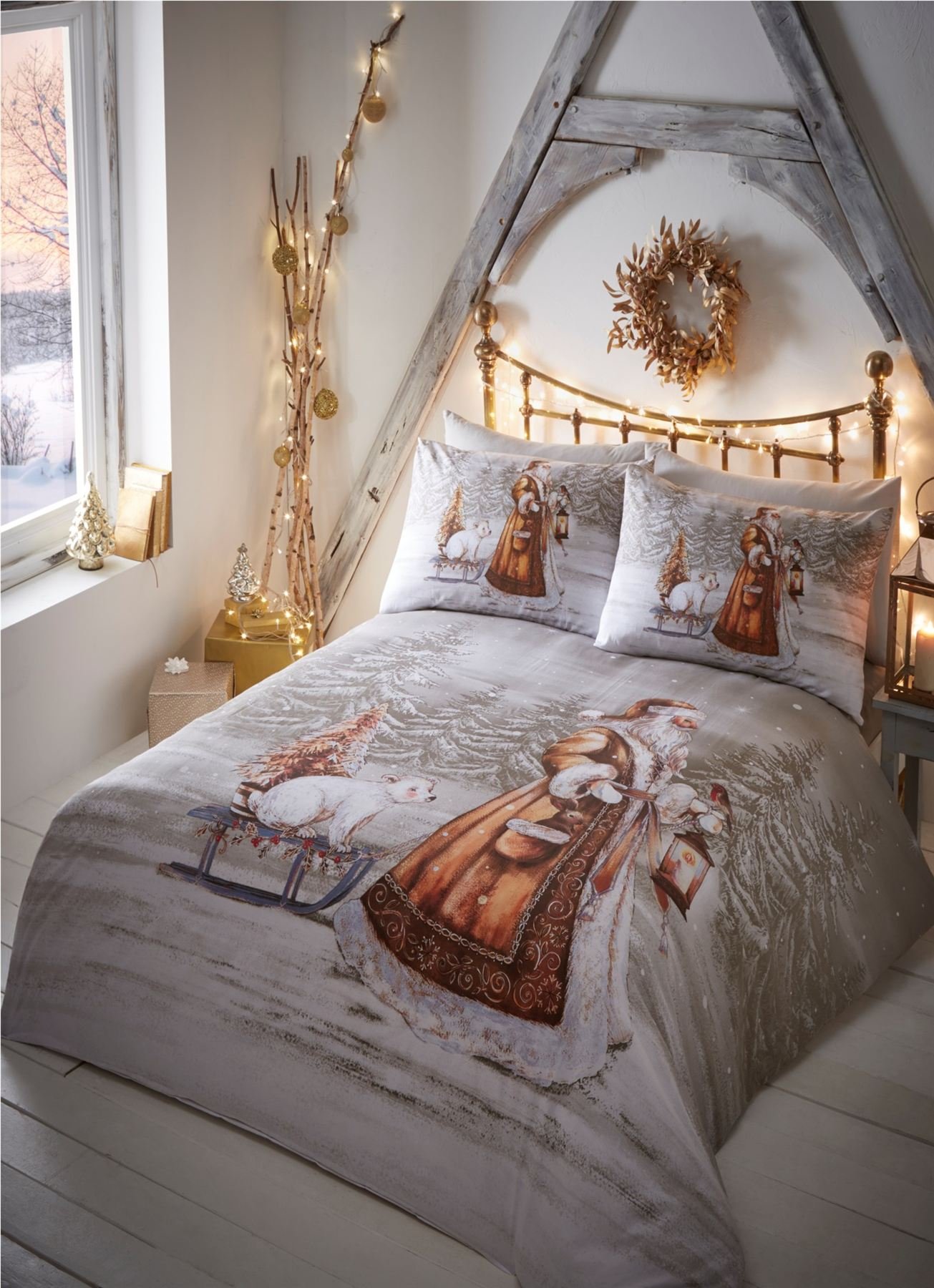 Portfolio Home Blue Twilight Santa Christmas Duvet Cover And 2 Pillowcase Set, Beige,3 Pieces, Double