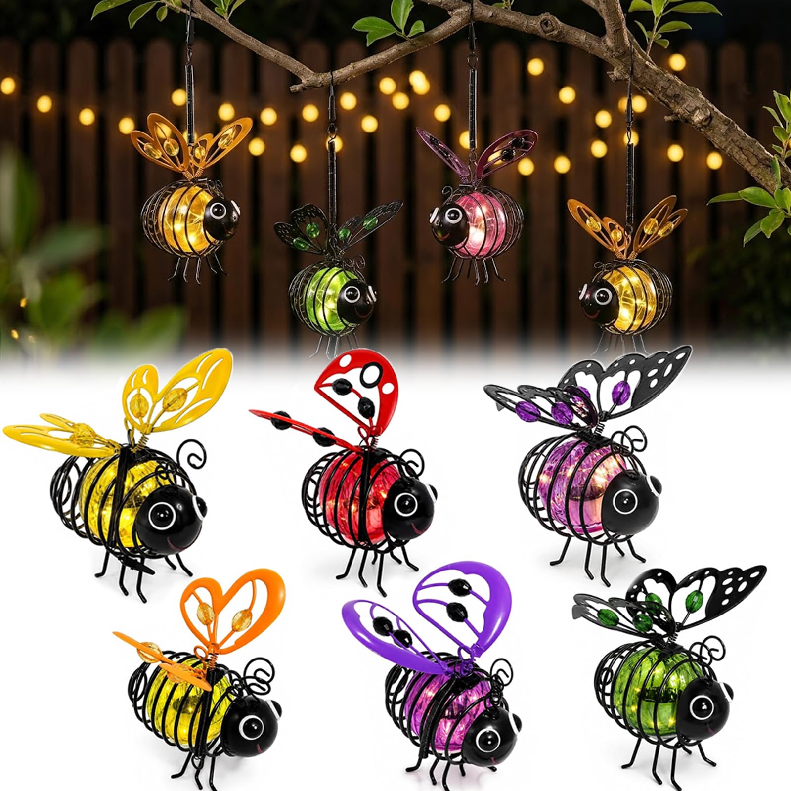 Solar-Powered Hanging Bee Light for Garden, Flicker-Free, Waterproof，6pcs A