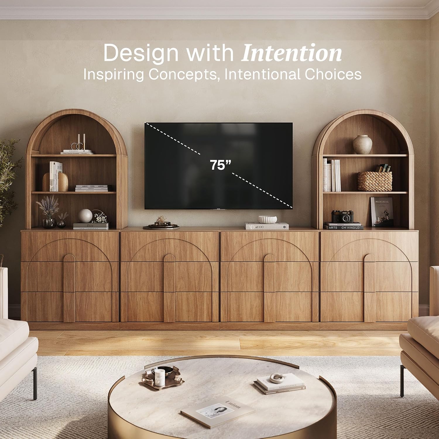  4 Piece Modular TV Stand with Storage, Modern 2 Entertainment Center with Arched Hutch and 2 Wood Cabinets with 3 Drawers, Media Console for Living Room, Camel thumbnail