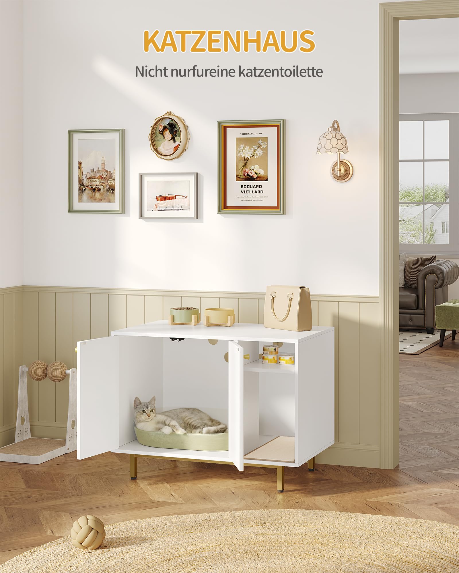 Hzuaneri Katzenschrank, Katzentoilette, Katzenklo Schrank, Katzenhaus mit Tür und separater Trennwand, 80 x 50 x 61 cm, Stabile Katzenschrank, Sitzbank, Weiß und Gold 01503GCLB