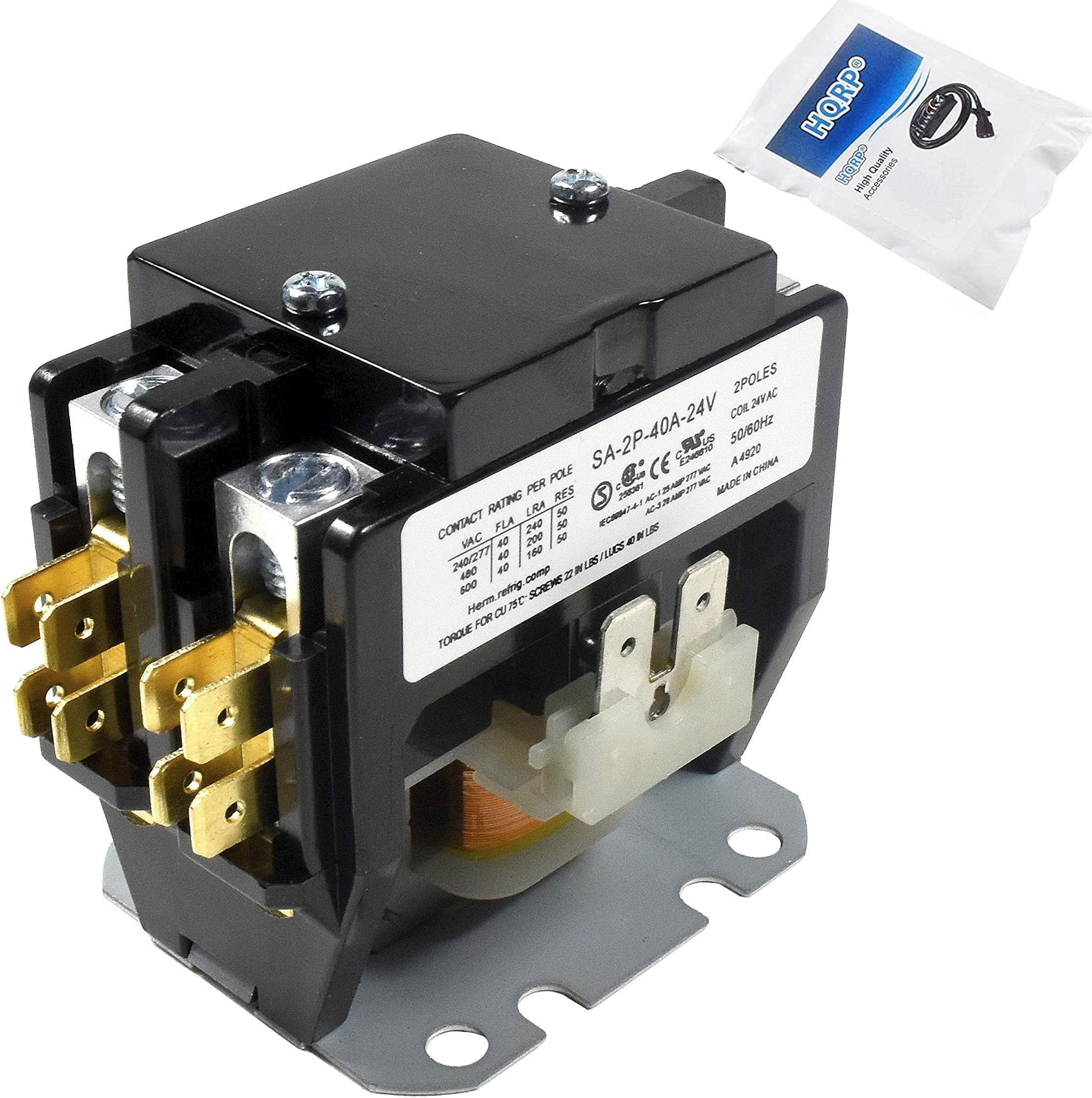 HQRP Double Pole / 2 Pole 40 Amp Coil 24-Volt AC Condenser Contactor Compatible with Eaton Cutler Hammer Siemens GE Tyco C25BNB240T 45GG20AJ CR453CE2HBB 3100Y20Q18999CL C240A HN52TC024, UL Listed