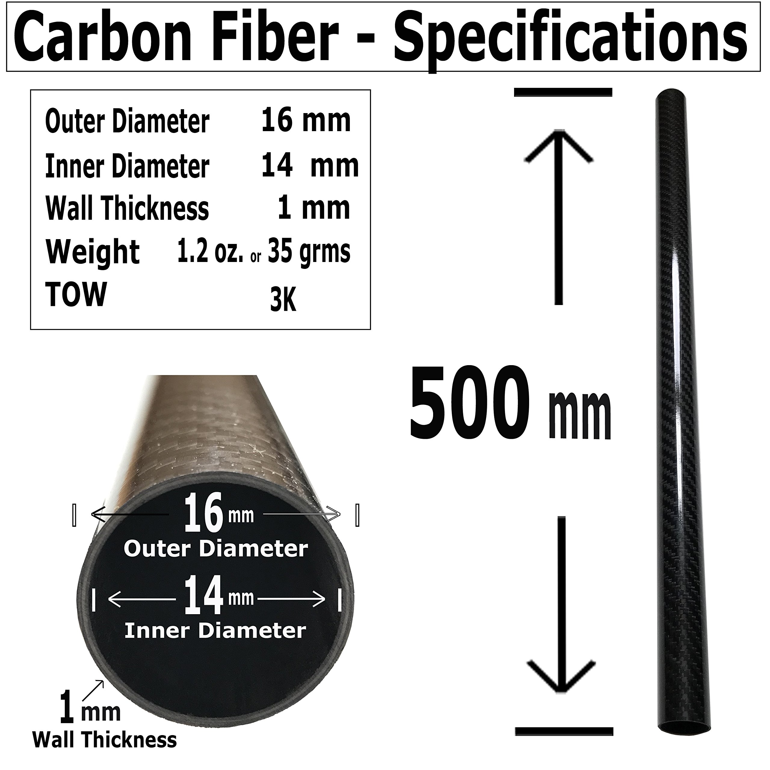 KARBXON - Carbon Fiber Tube - Black - 16mm X 14mm X 500mm - Hollow Carbon Fiber rods - Glossy Carbon Tubes - Pure Carbon Fibre Tubes - Lightweight High Strength Carbon Fiber Shaft