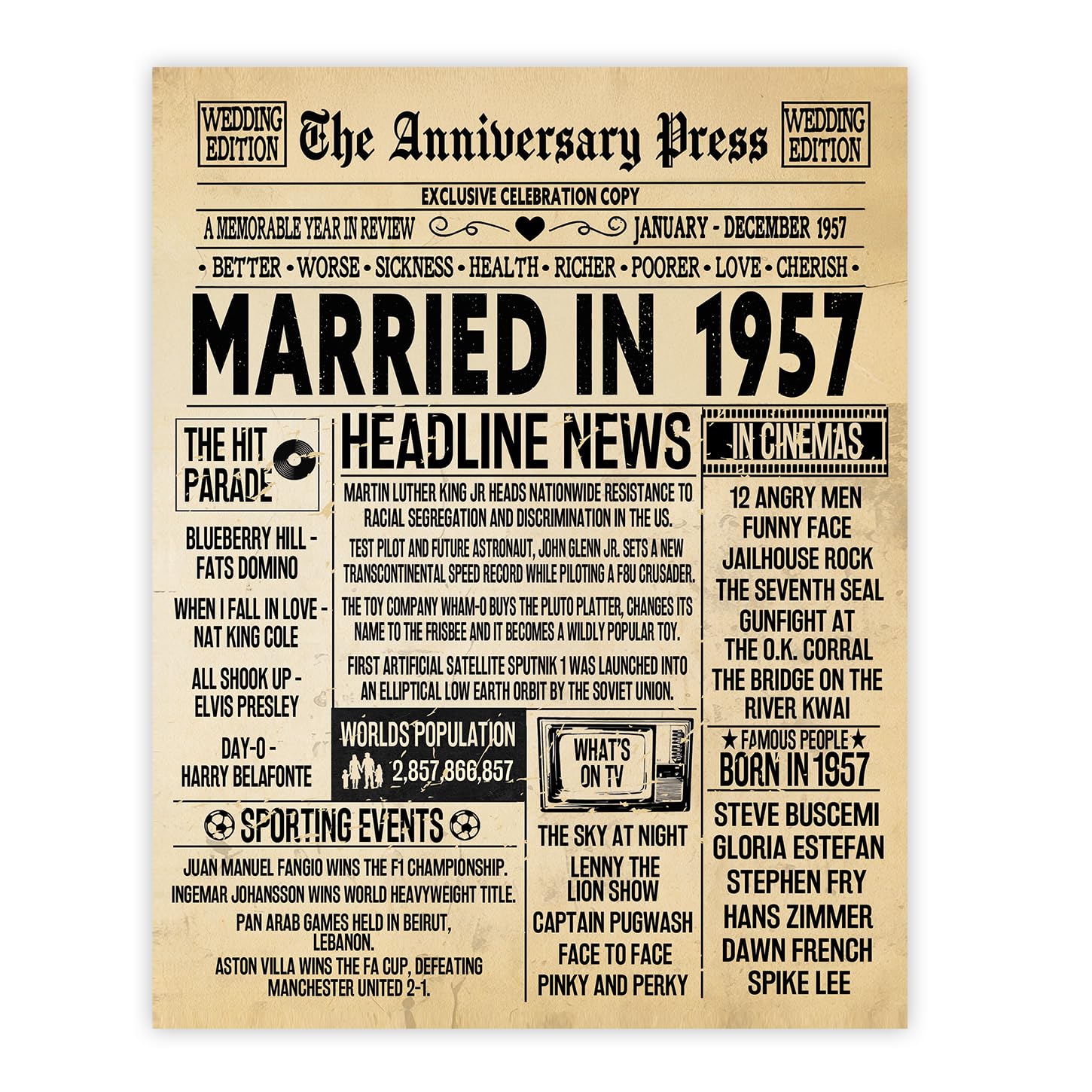 Stuff4 Men's 1957 69Th Anniversary Poster Unframed - Married In Newspaper - 69 Wedding Anniversary For Wo Retro Vintage Gifts Back In 8X10 Inch Anniversaries Posters