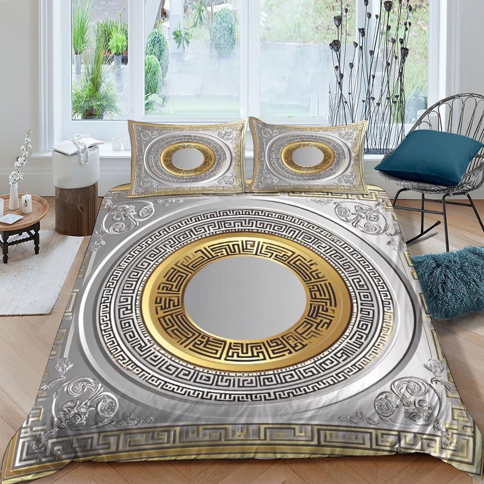 Ctjqhvkz Style-7 3D Printed Baroque Gold Circle Fitted Sheet Microfiber Soft Grey Mandala Bed Cover For Bedroom Guest Room Decor Single（135X200cm）