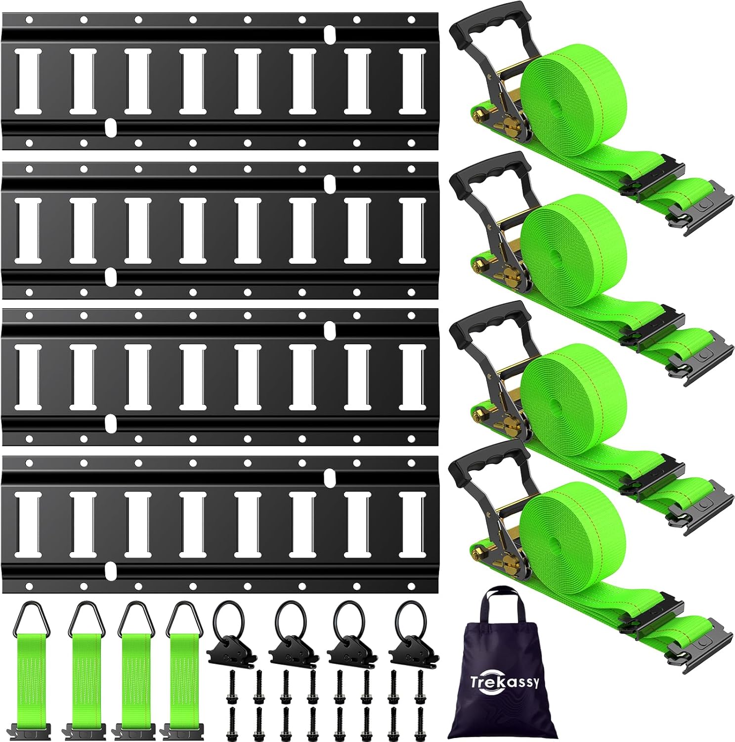 Trekassy E Track Tie-Down Rail Kit, 4 Pack 16" Etrack Rails with 12PCS E-Track Accessories Includes 4 Pack 12ft Ratchet Straps, 4 O-Rings and 4 Tie-Offs for Trailers, Vans, Trucks, Garages