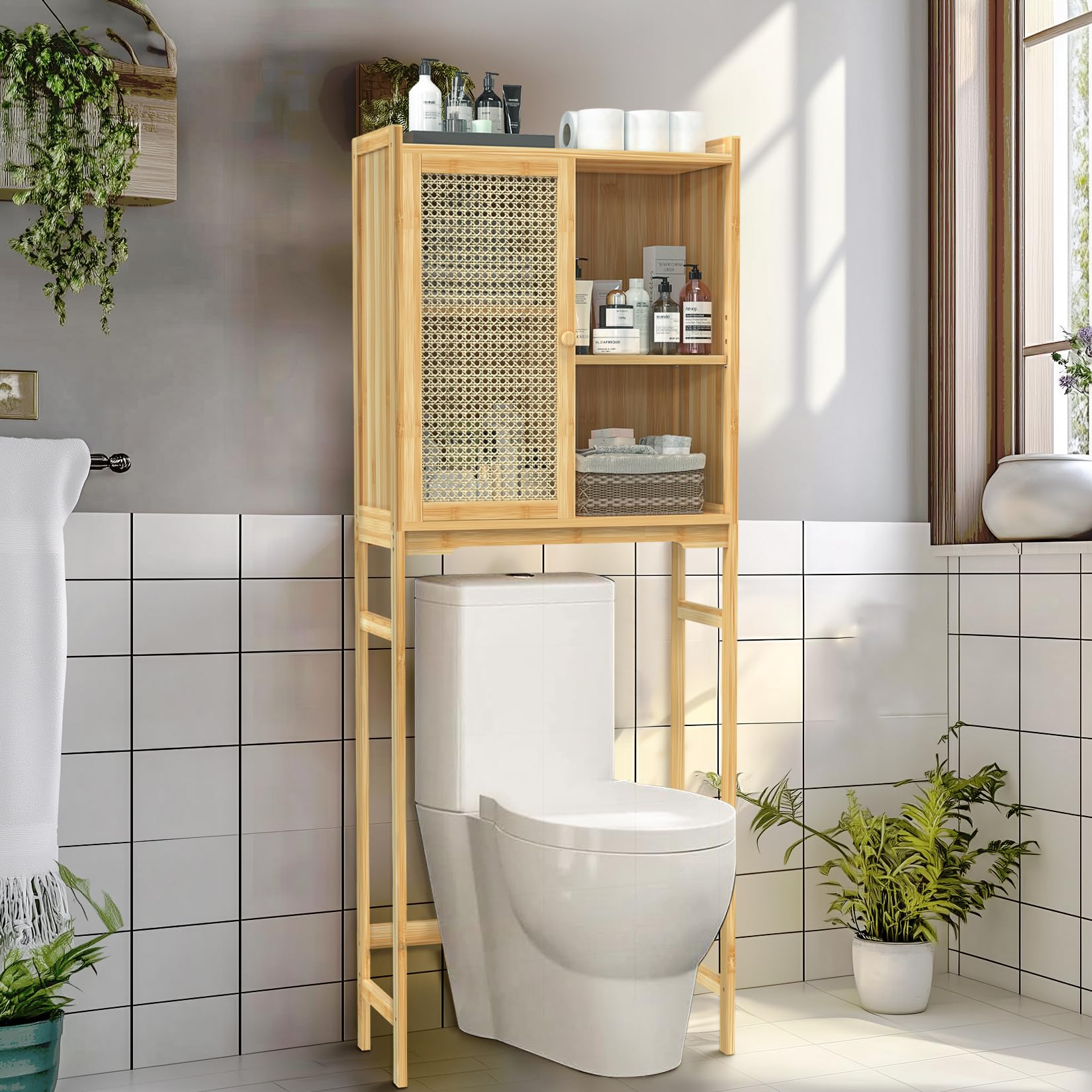 medla Rattan Over the Toilet Storage Cabinet: Bamboo Above Toilet Bathroom Organizer with Adjustable Shelf 155.5 cm Tall Behind Toilet Cabinet Space Saver for Restroom Bathroom Laundry