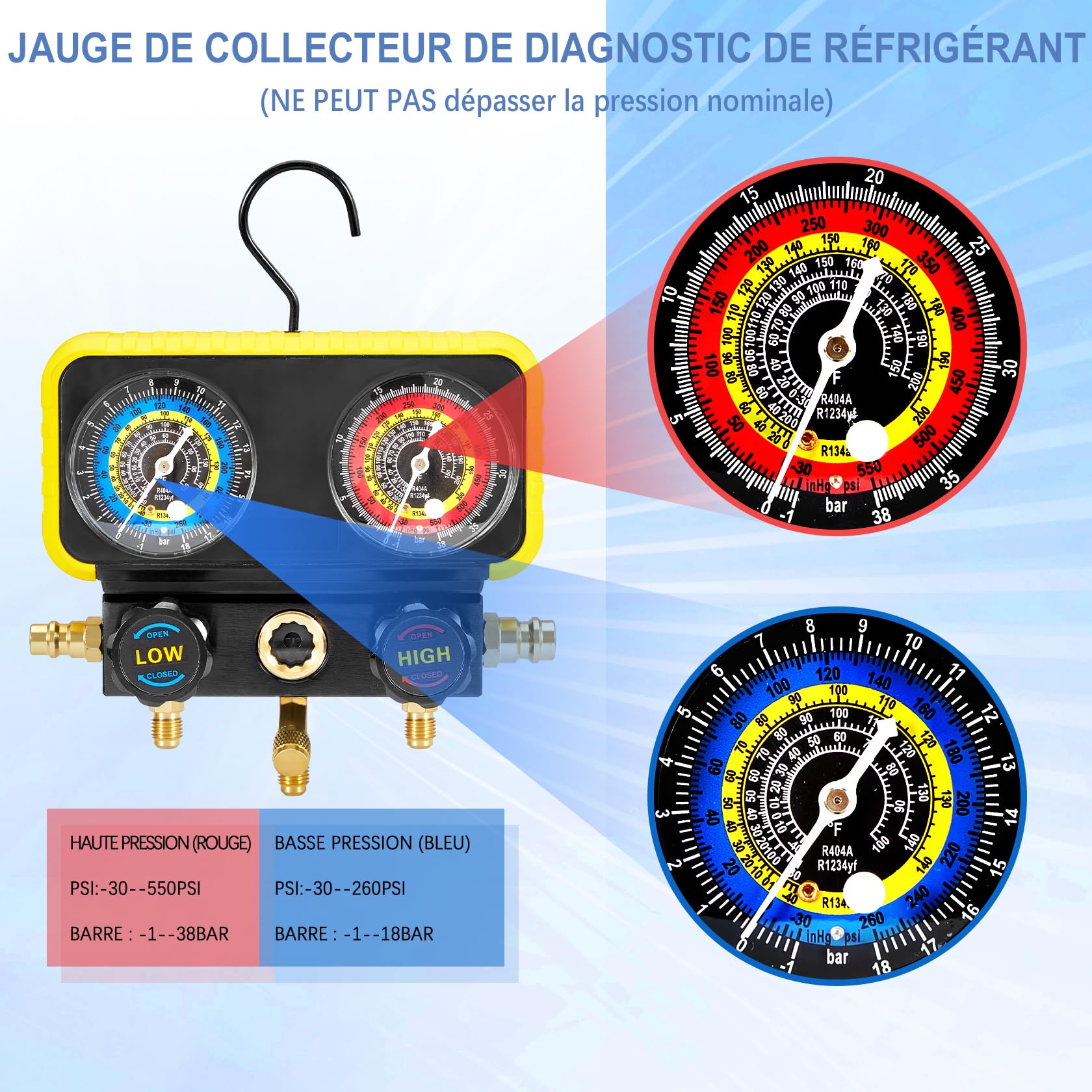 Pindex Manomètre pour Clim r1234yf Voiture pour réfrigérant R1234YF R134a R404A, Manomètre pour Réfrigérant Automobile avec 3x 1,5m de Tuyaux, pour la Charge de Réfrigérant AC de Voiture