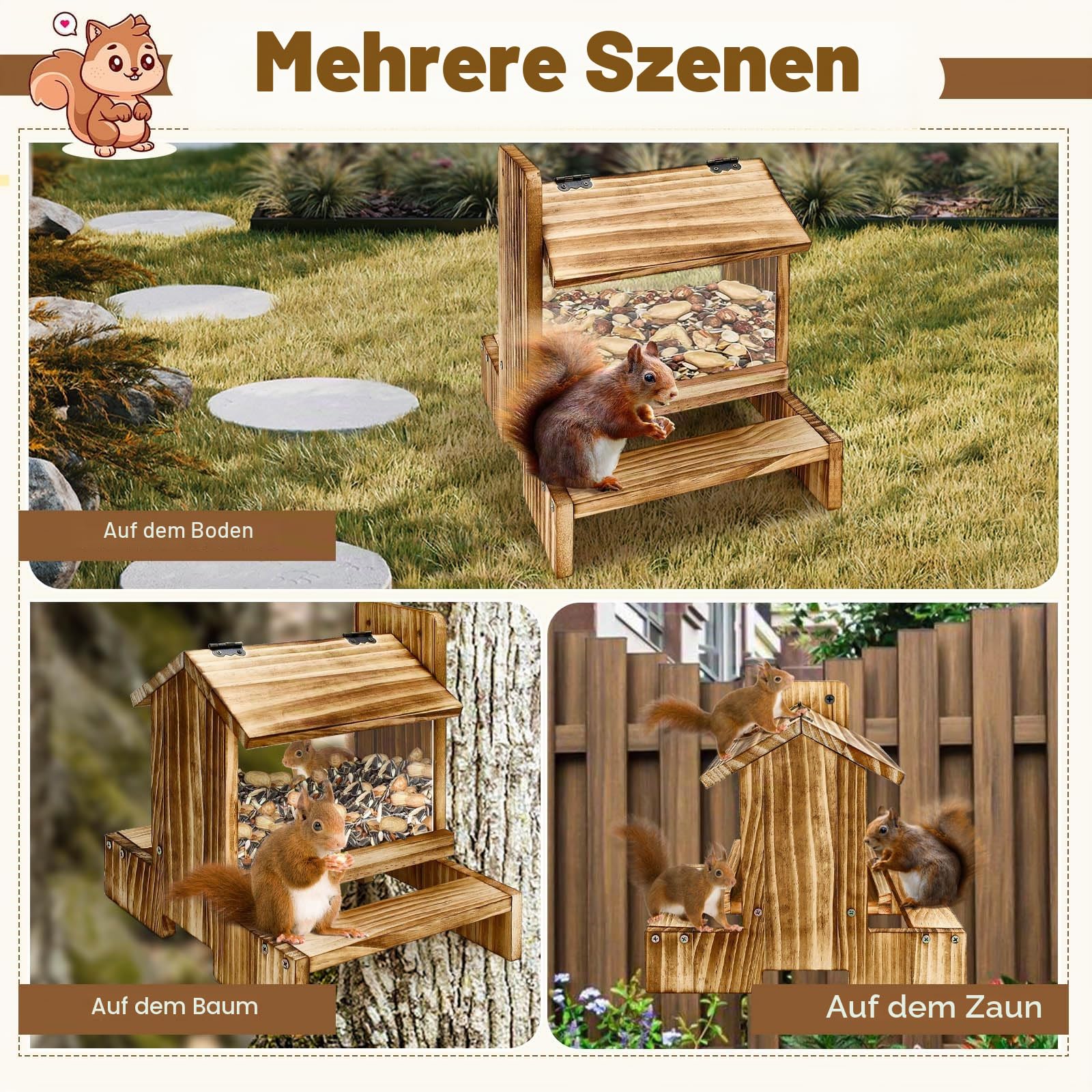 Holz Eichhörnchen Picknick Tisch Futterspender Eichhörnchen Futterspender für Draußen, Eichhörnchenhäuser für draußen Nisten, Eichhörnchen Box Streifenhörnchen Haus (1)