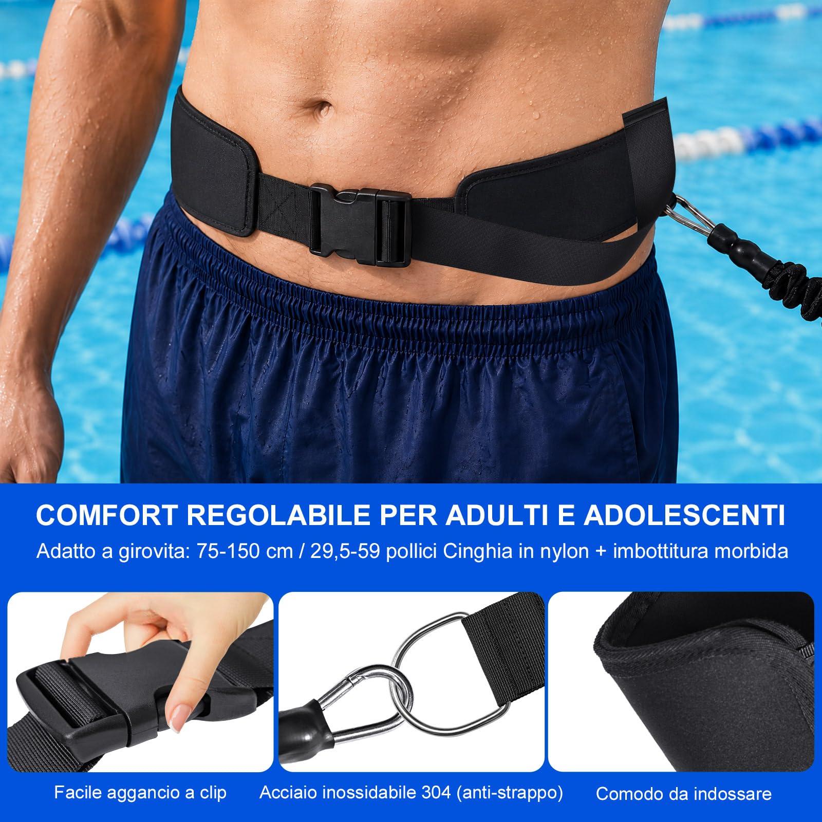 Guinzaglio da nuoto per piscina, cintura per allenamento di nuoto, guinzaglio per nuoto, nuoto fisso, regolabile da 2,5 a 7,5 m