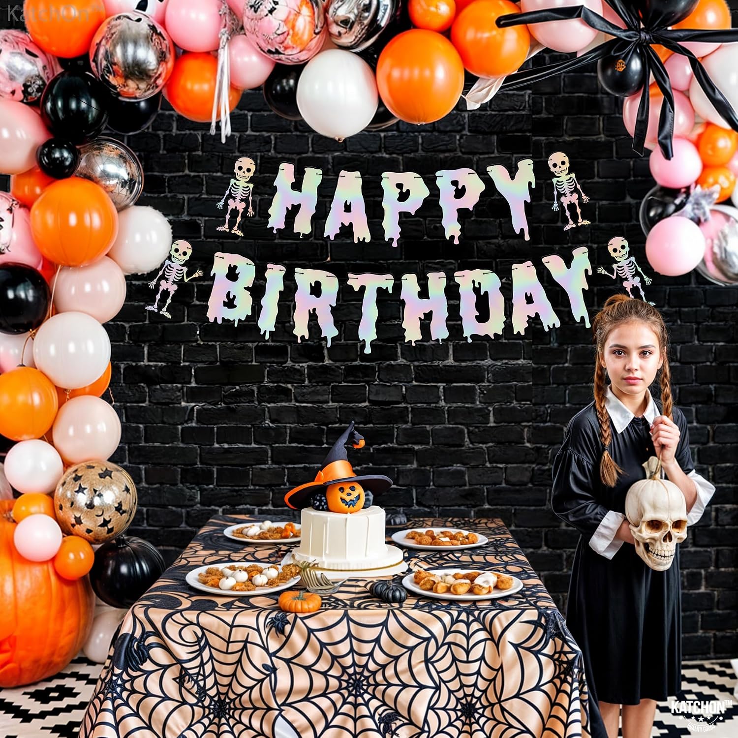 KatchOn, Iridescent Silver Halloween Happy Birthday Banner Decorations - 10 Feet, No DIY | Spooky Birthday Decorations | Halloween Decorations Indoor | Spooky Happy Birthday Banner