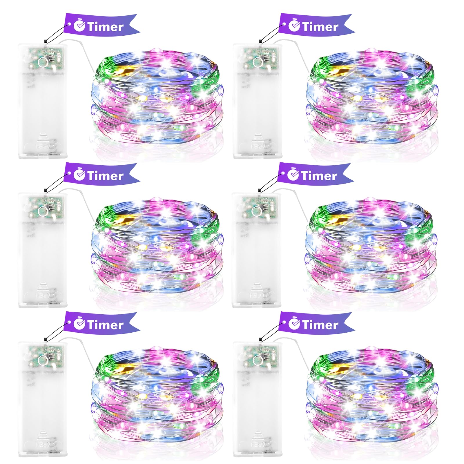 ENLACE Pack of 6 LED Fairy Lights Battery with Timer, 2 m 20 LED Copper Wire Fairy Lights, Battery Operated, Micro Fairy Lights for Christmas, Halloween, Wedding, Party, Indoor Decoration, Colourful
