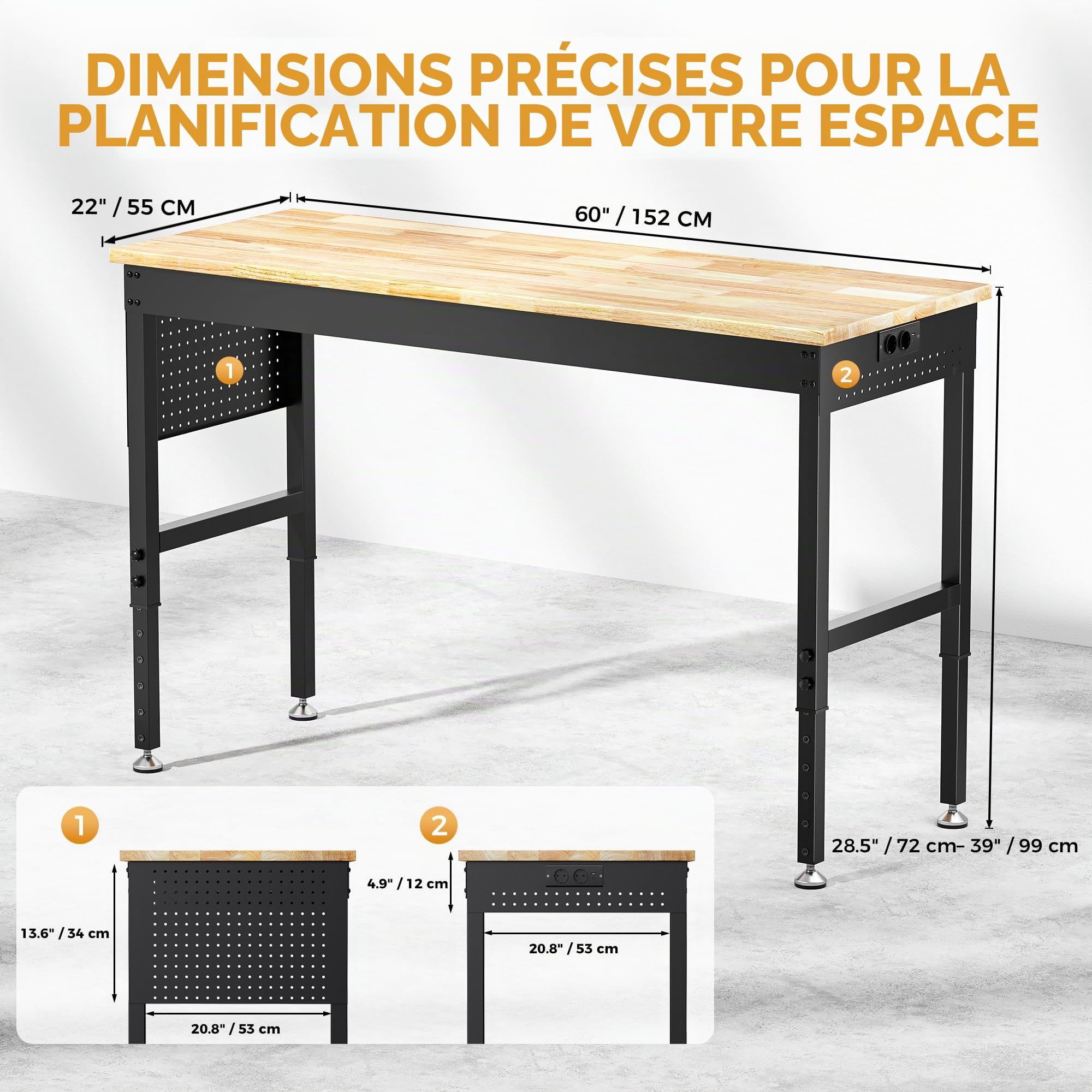 Établi Atelier Garage 152 x 55 cm, Table de Travail Robuste en Bois de Caoutchouc Massif, Capacité 907 kg, 6 Hauteurs(72-99 cm), Panneau Latéral Perforé avec Multiprise, pour Garage (152 x 55 cm)