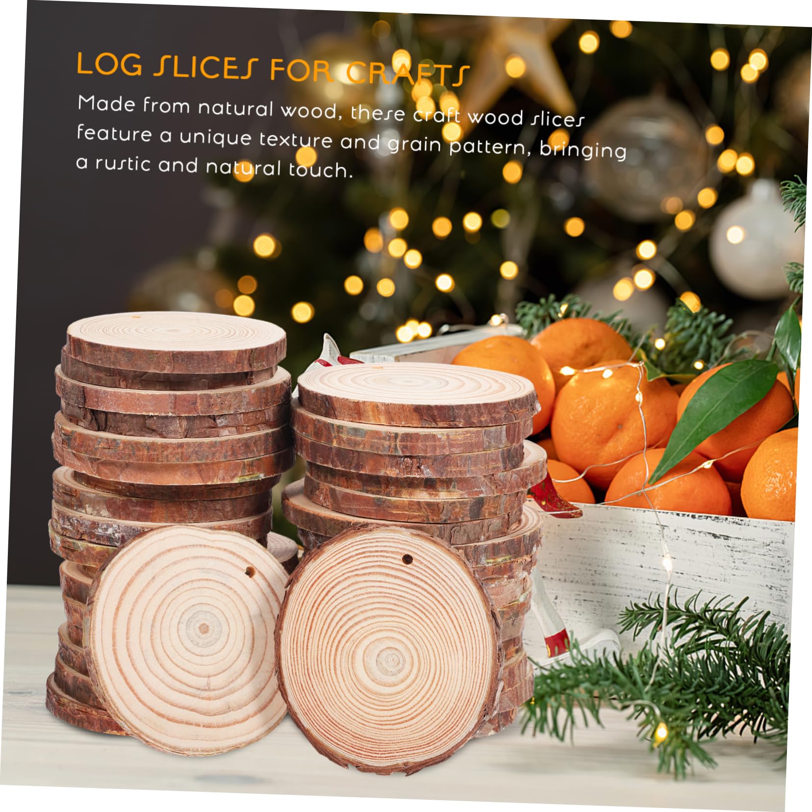 Runde Holzscheiben Ornamente 50 Stück Braun, Holz zum Basteln | Jutegarn, Rustikaler Naturstil, Vorgebohrte Aufhängebohrung, Vielseitig für Weihnachten und Klassenräume