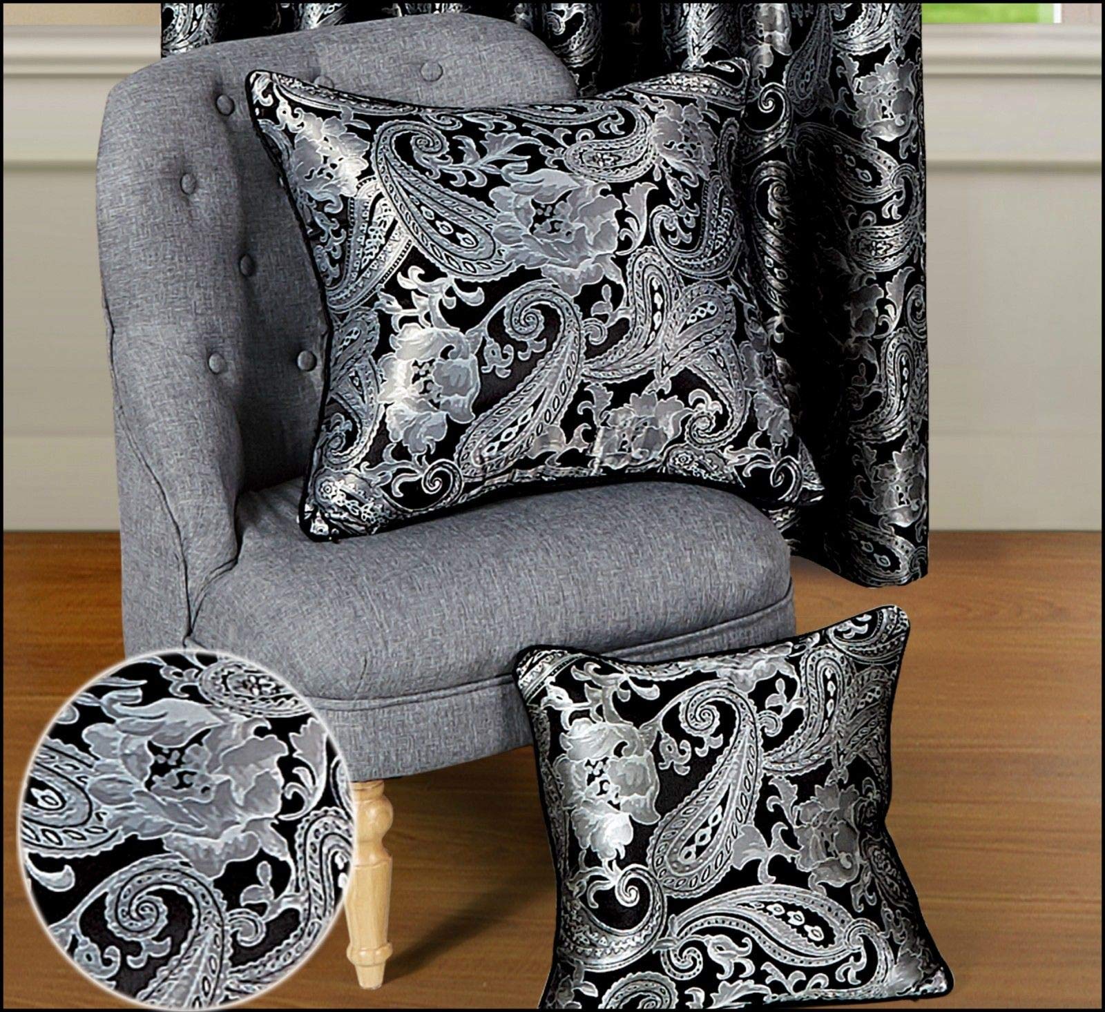 Householdfurnishing 3 piece Jacquard Comforter Paisley Quilted Bedspread With Oxford Pillow Shams (Cushion Covers Black, 2 x Small 43 x 43cm)