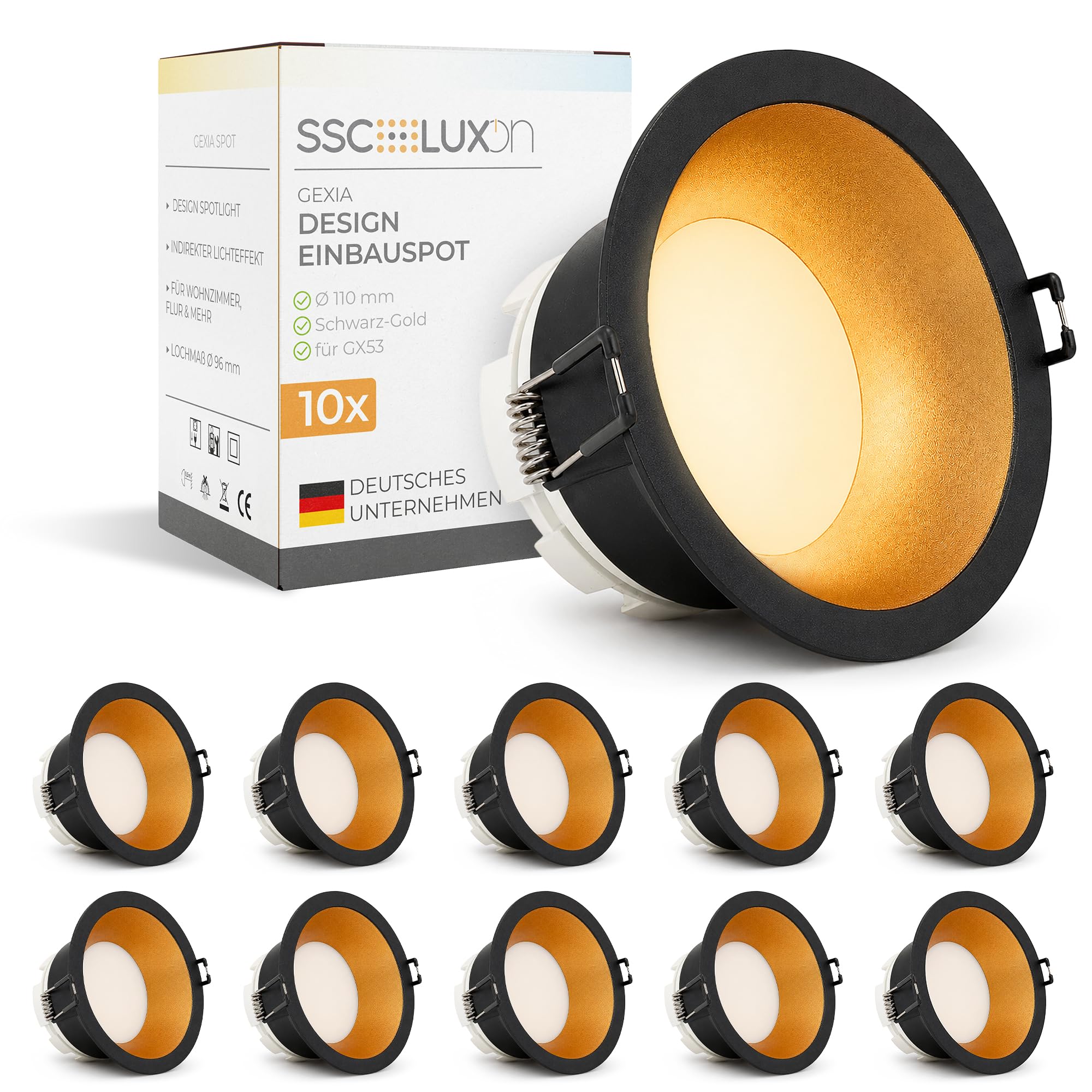 SSC-LUXon GEXIA 10 Stück Einbauspots schwarz gold Ø 110mm - Einbaustrahler rund GX53 ohne Leuchtmittel für Küche Flur Wohnzimmer