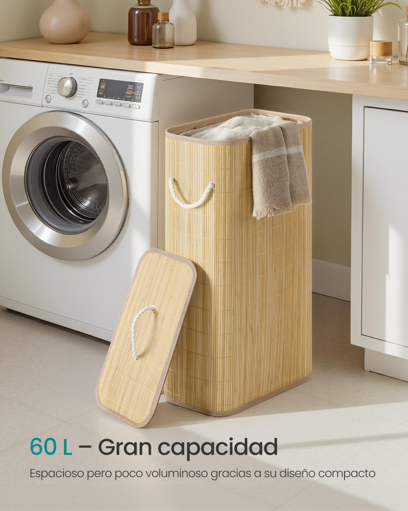 SONGMICS Cesto para la Ropa Sucia con Tapa, 60 L, Bambú, Rectangular, con Asas, Plegable, Forro Extraíble Lavable a Máquina, Natural LCB076YZ01