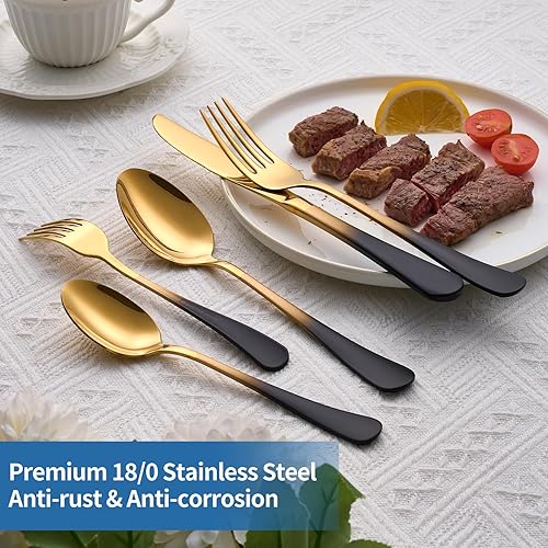Miniatura 4 de Juego de 20 cubiertos de acero inoxidable negro y dorado, juego de cubiertos con mango colorido de 180, para 4 personas, juego moderno de cubiertos