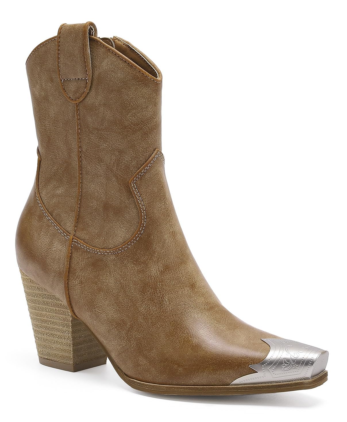 Western Metal Toe Ankle Boots Cowboy Boots for Women Cowgirl Boots Pointed Toe Zipper Boots Stacked Heel Boots