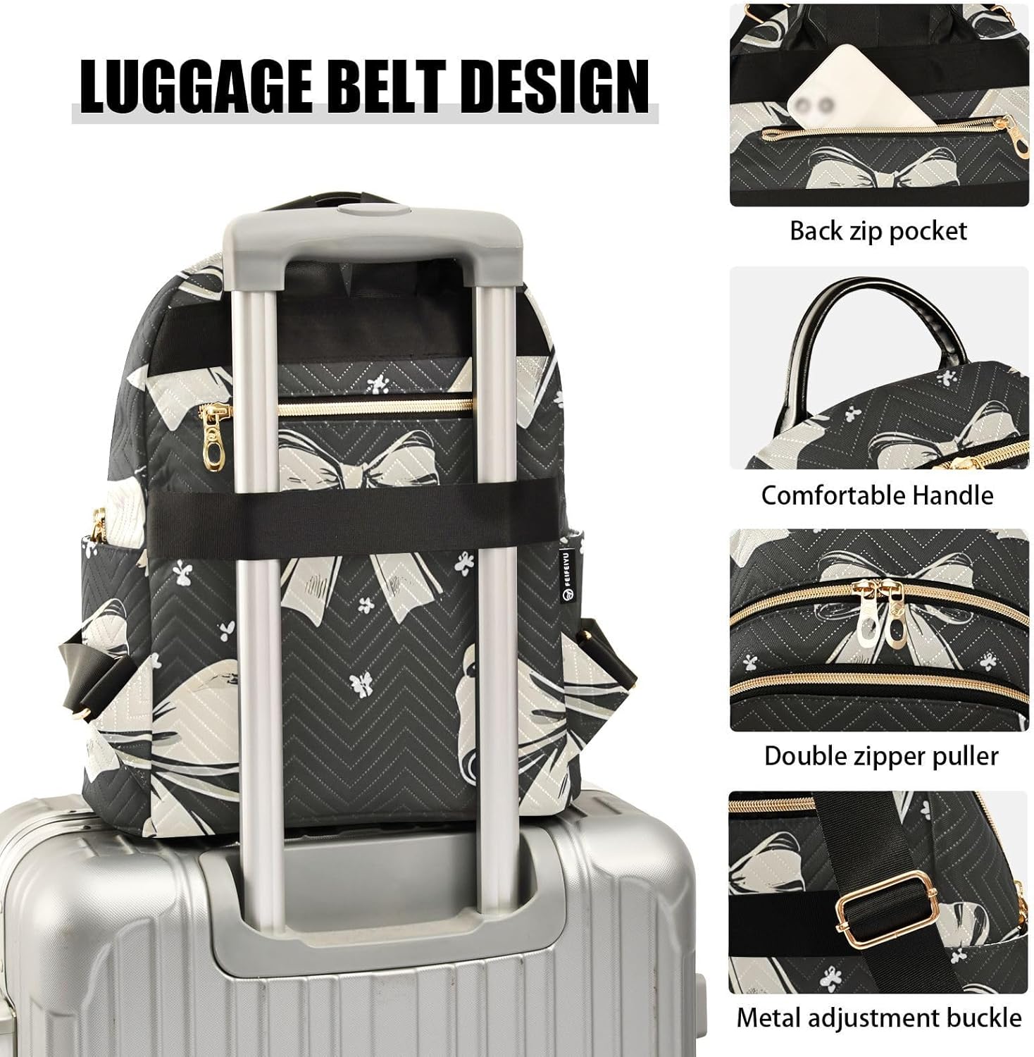 Women Mini Backpack Purse Bag Lightweight Casual Daily Travel Backpack Black - White Bow Pattern Back Pack Fashion Multipurpose Shoulder Bag,S - Image 4