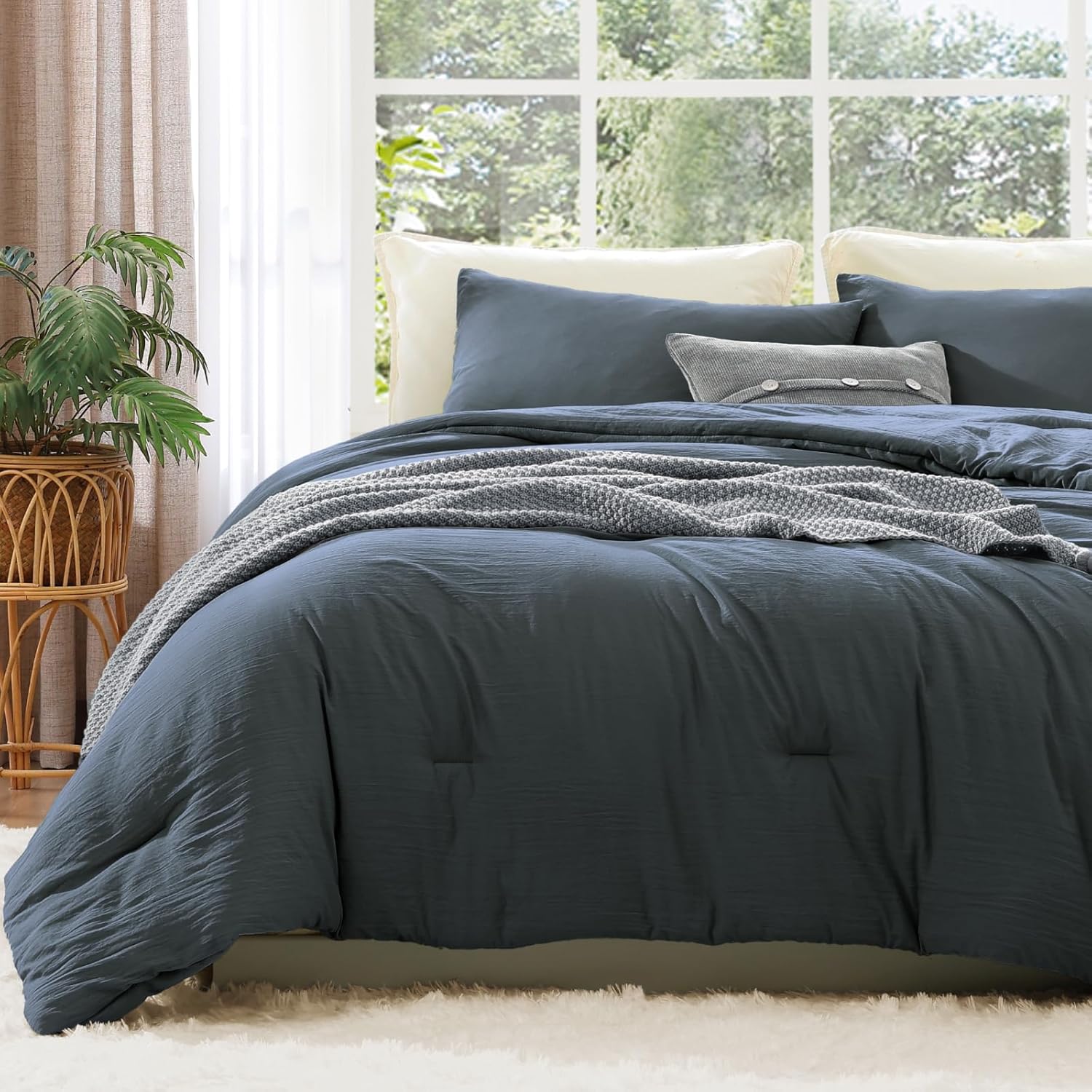 WRENSONGE King Size Comforter Set - 3 Pieces Blue Grey Comforter Prewashed Soft Lightweight for All Seasons,Fluffy Down Alternative Comforter King Size with 2 Pillow Shams Blue Grey King(102"*90")