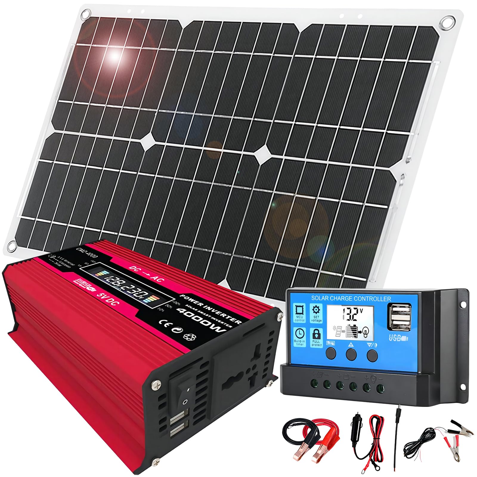 18W 12V RV Solar Panel Kit with 4000W Inverter and 30A Charge Controller, Portable Solar Generator for Motorhomes, Camping and Outdoor Emergencies.(Red)