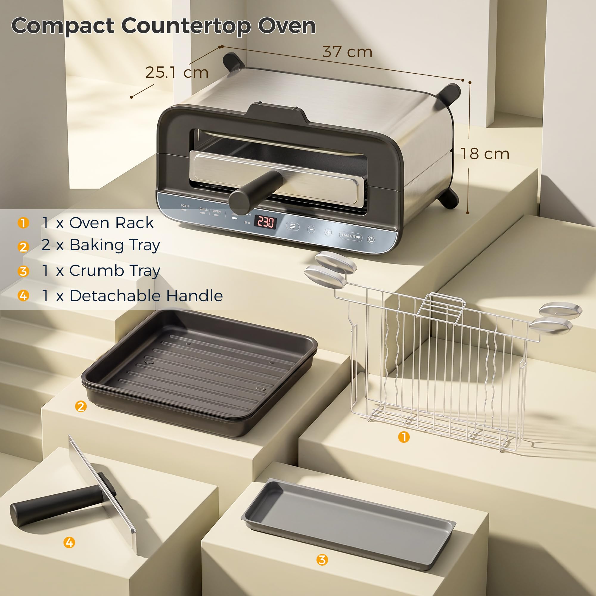 HOMCOM horno eléctrico 3 en 1, tostadora y grill de sobremesa, 5,2 qt, LED, temporizador 60 min, acero inoxidable, 1700 W