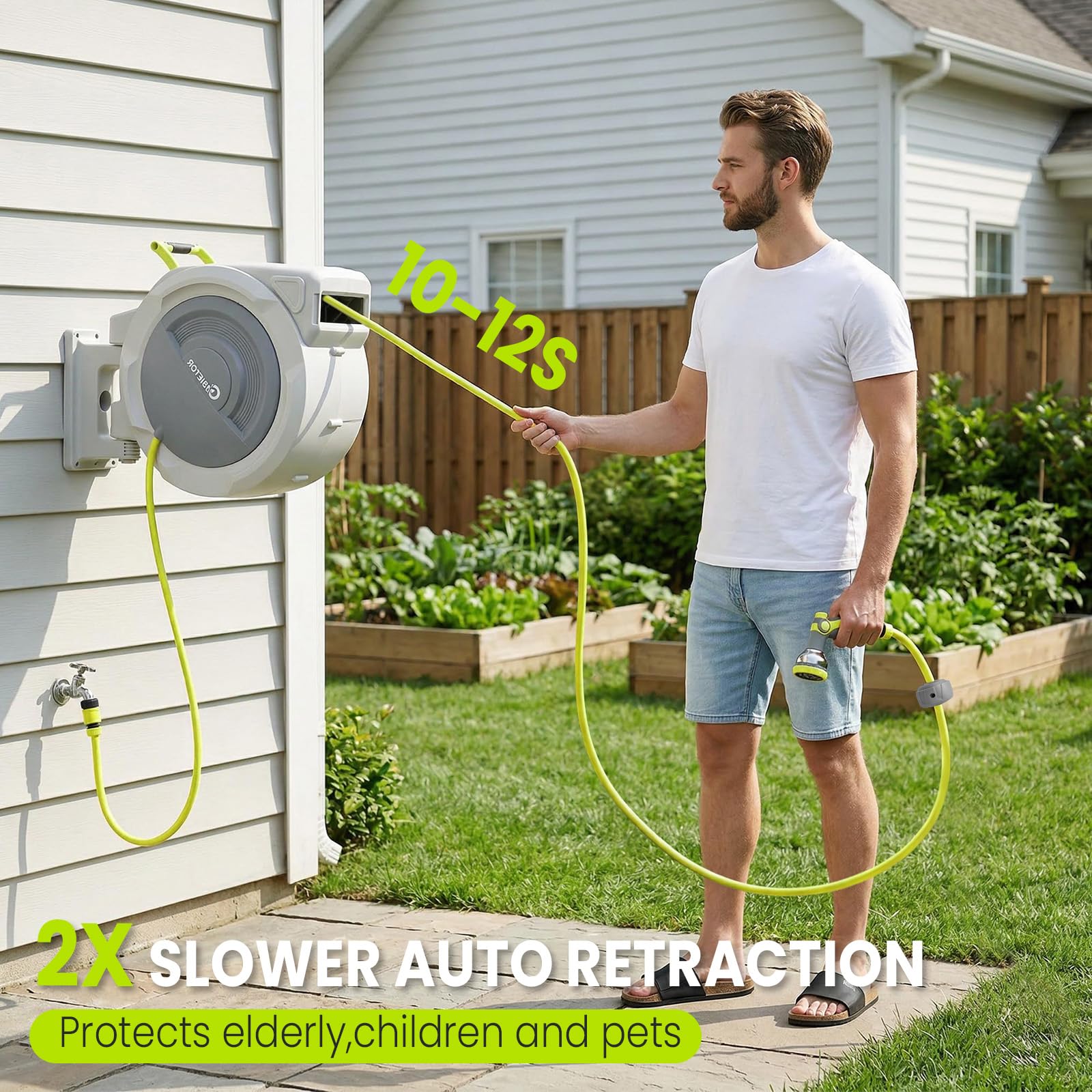 Enrouleur de tuyau d’eau 45 m + 2 m, rotatif à 180°, boîte de tuyau d’arrosage automatique de jardin avec 10 fonctions d’arrosage pour laver la voiture