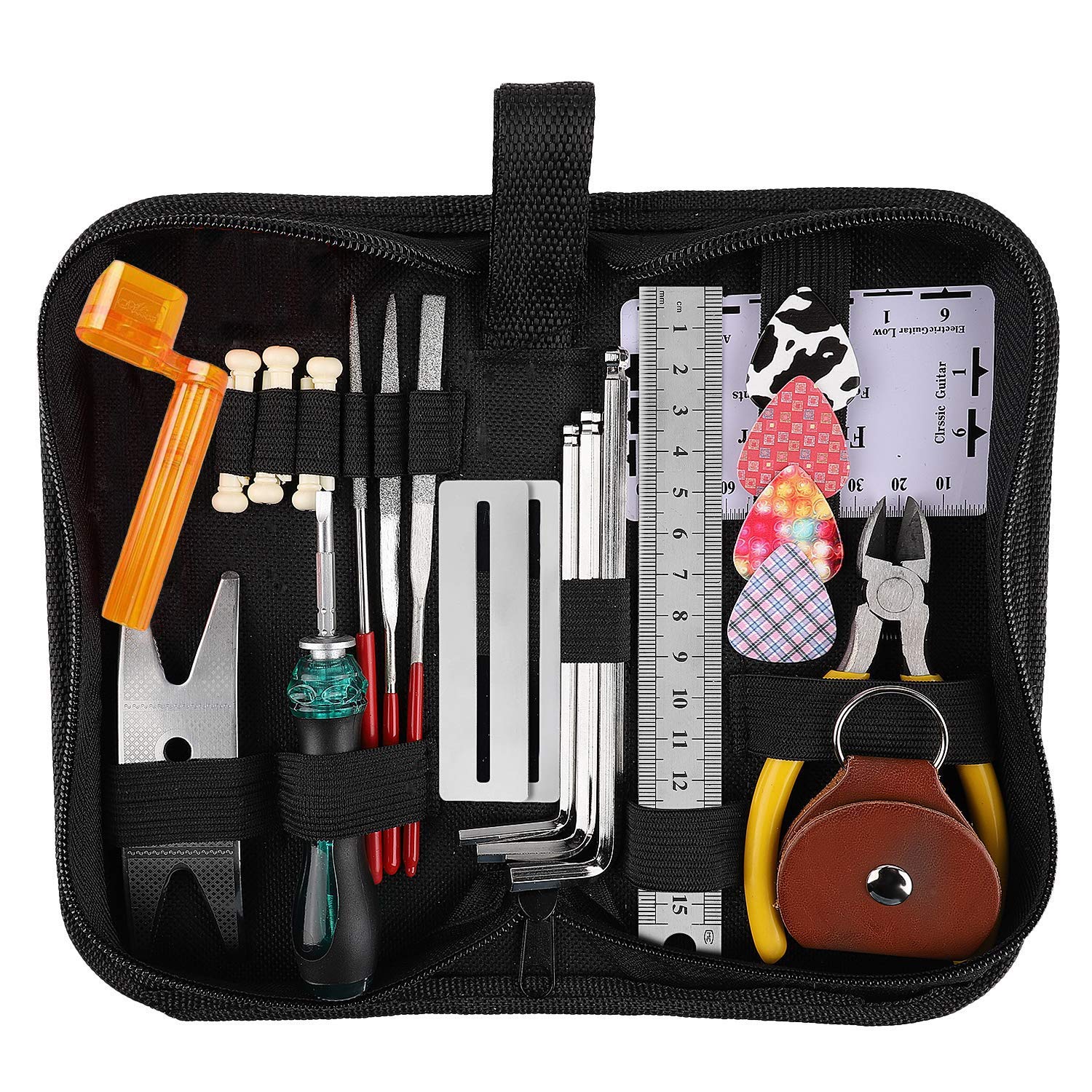 TIMESETL26 Pcs Guitar Repairing Tool Kit with Wire Plier, String Organizer, Fingerboard Protector, Hex Wrenches, Files, String Action Ruler, Spanner Wrench, Bridge Pins for Guitar Ukulele Bass Mandol