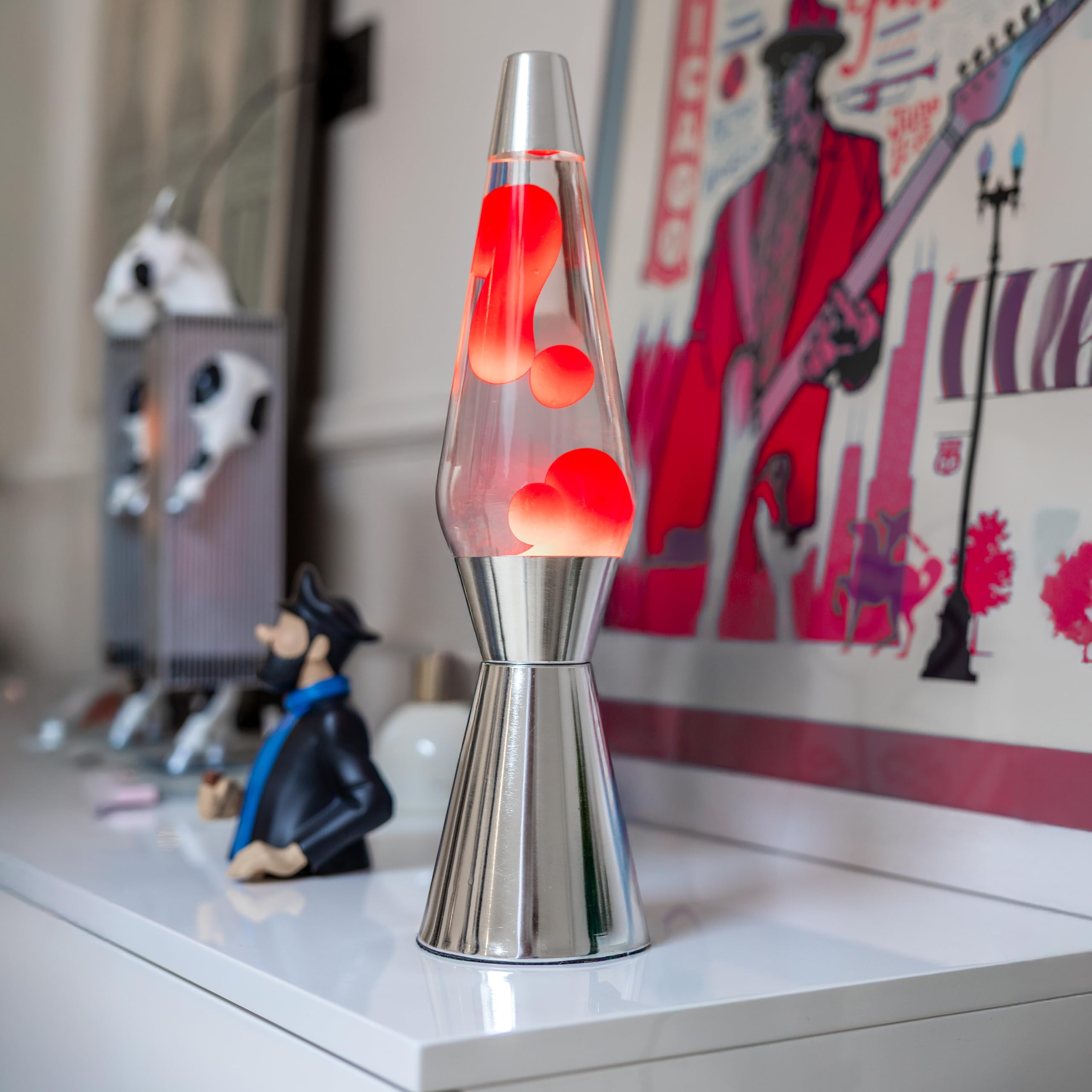 Fisura - Lampada lava rossa con base cromata, cera rossa e liquido trasparente. Design retrò con lampadina di ricambio. Dimensioni: 11,5 cm x 11,5 cm x 40 cm.