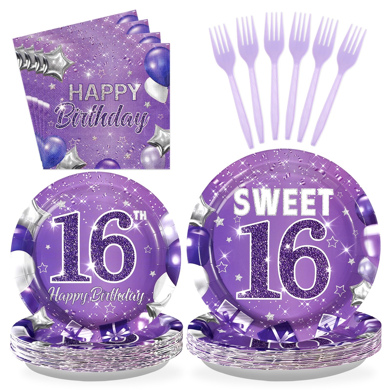 Grencian 96Pcs 16th Birthday Party Supplies Purple Sweet 16 Birthday Plates and Napkins Tableware Sets Sixteenth Birthday Party Decorations for Girls