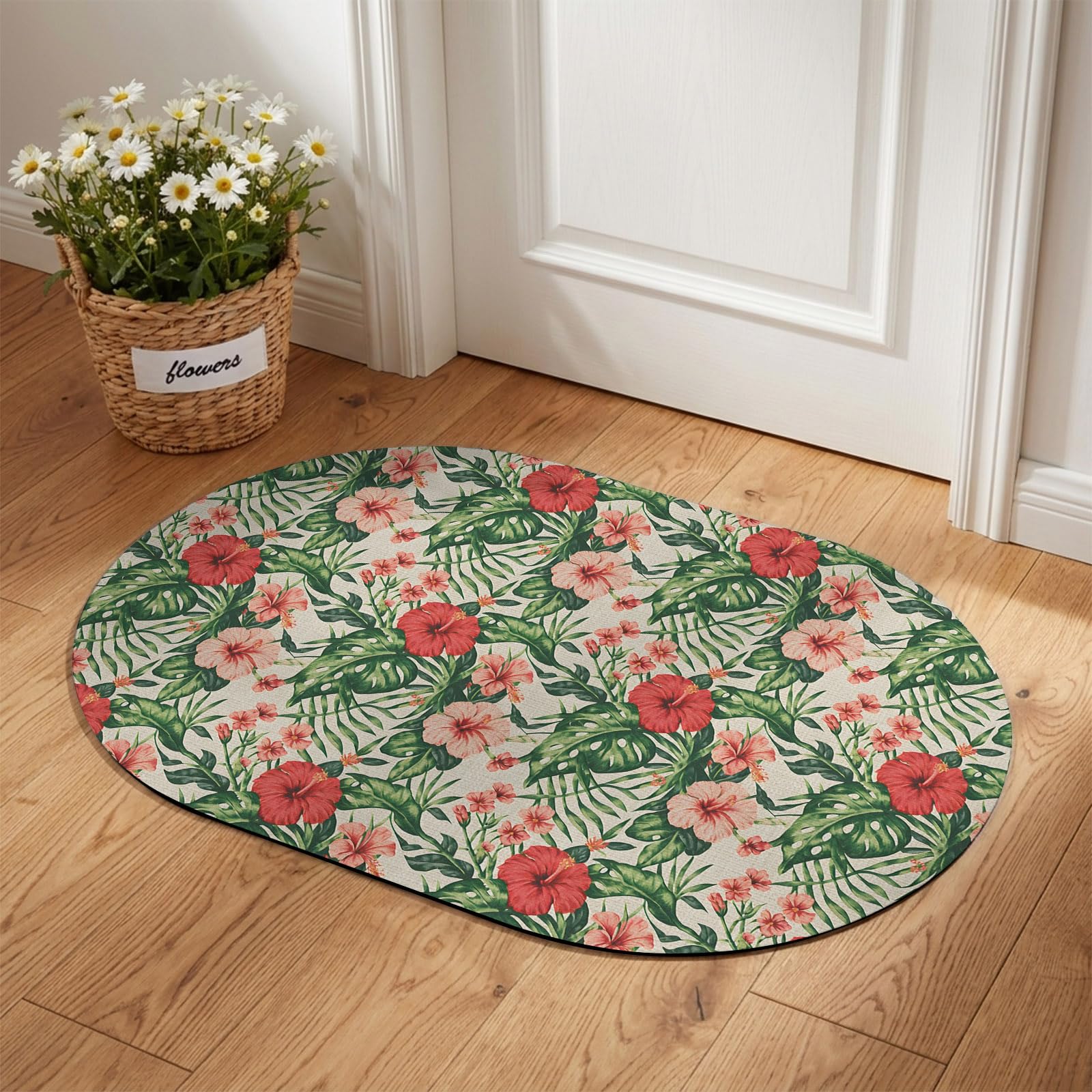 Vintage Watercolor Floral Leaf Bath Mat 16"x24" -Rubber Backing Non Slip Thin Bathroom Rugs Fit Under Door- Tropical Botanic Linen Texture Quick Dry Shower Rug in Front of Bathtub Shower