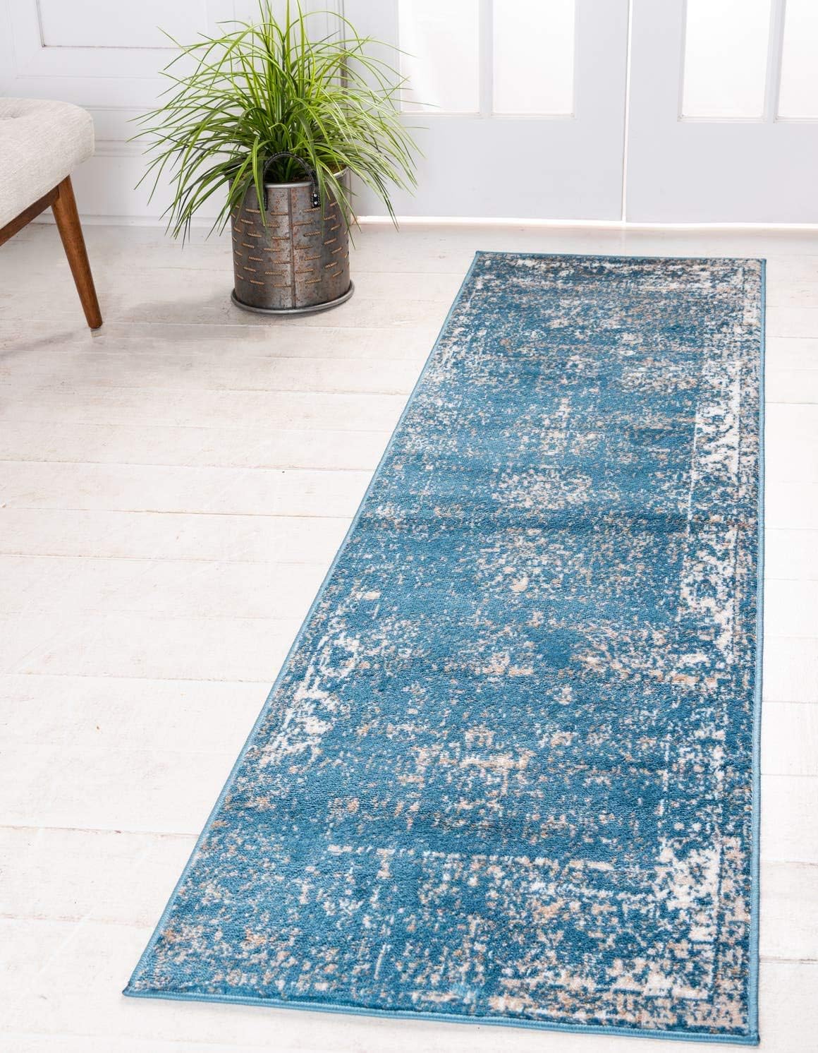 Blue and Ivory Low Pile Reversible Runner Rug