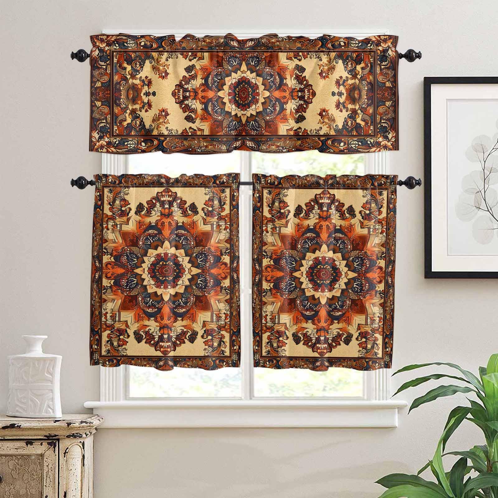 Bohemian Flower Kitchen Curtains 24 Inch Length,3 Piece Rod Pocket Small Half Tiers and Valance Set,Boho Tribal Colorful Distressed Printed Small Large Window Treatment Decor for Bedroom/Bathroom
