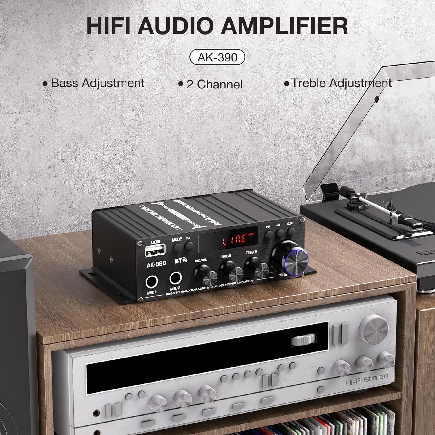 AK-390 2.0CH Stereo Amplifier, Max 400W HiFi Stereo Amplifier, Bluetooth 5.0 Home Audio Power Amplifiers with MIC/RCA/USB/SD for Car Home Karaoke Bar Garage, Remote Control & Power Adapter