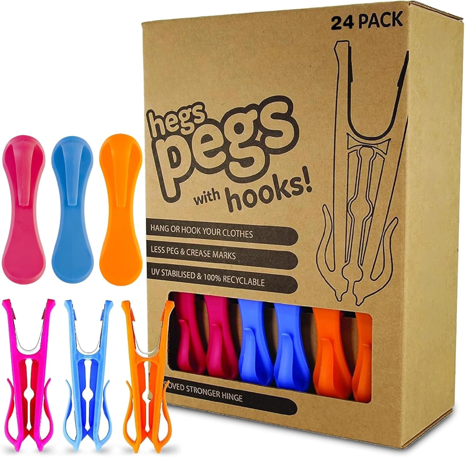 The Smartest Heavy Duty Clothespins with Hooks (24 Pack Orange, Pink, Blue) - Hang 3 Garments at Once with Our Tough, Dual Hooks Clothes Pins with Anti-Rust Spring - Tough, Colorful Clothespins Orange + Pink + Blue 24 Pack
