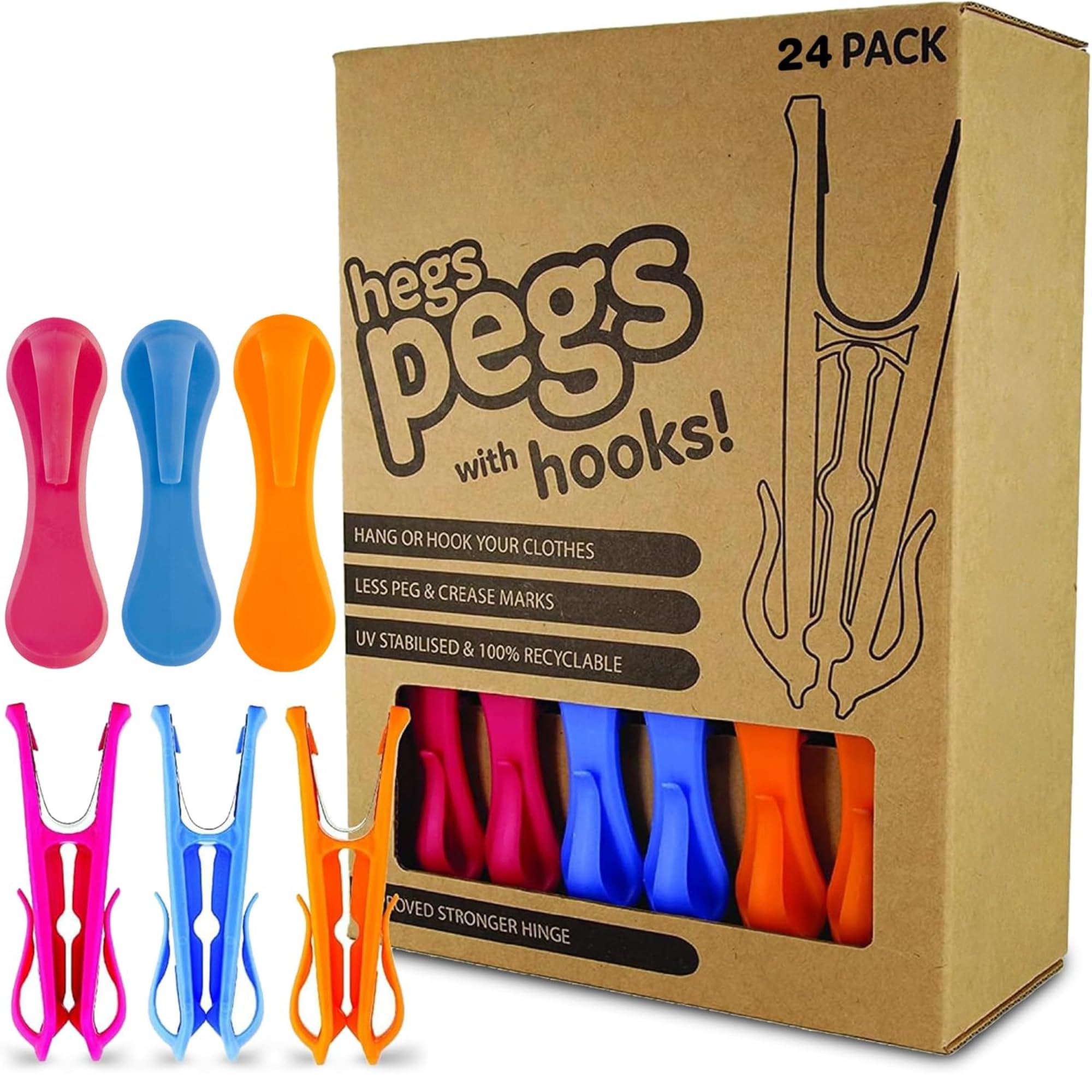 HEGS Clothespins with Hooks 24 Pack. Strong Durable. Made to Last. Rust Proof.