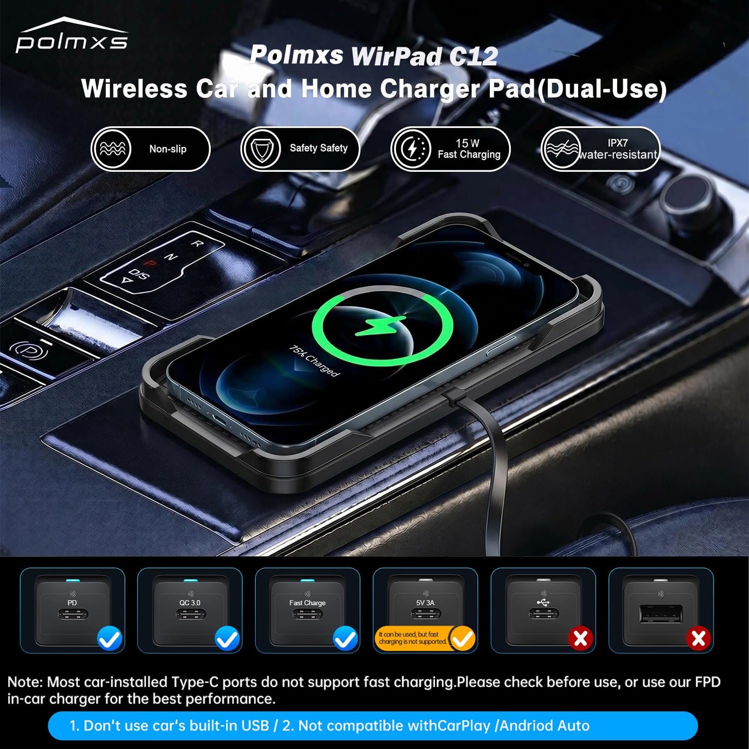 POLMXS - Caricabatterie wireless per auto, 15 W, veloce caricabatterie wireless per telefono cellulare, tappetino di ricarica compatibile con iPhone 11/12/12/14/15, Galaxy S21/S22/S23/24 (C12Y)