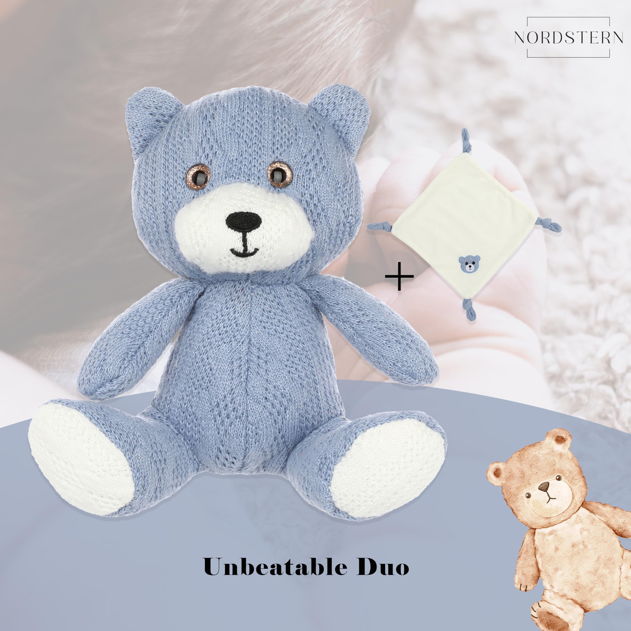 Nordstern Teddy bear with Comfort blanket- Baby Newborn Gift for Boys in Knitted Look - Image 2