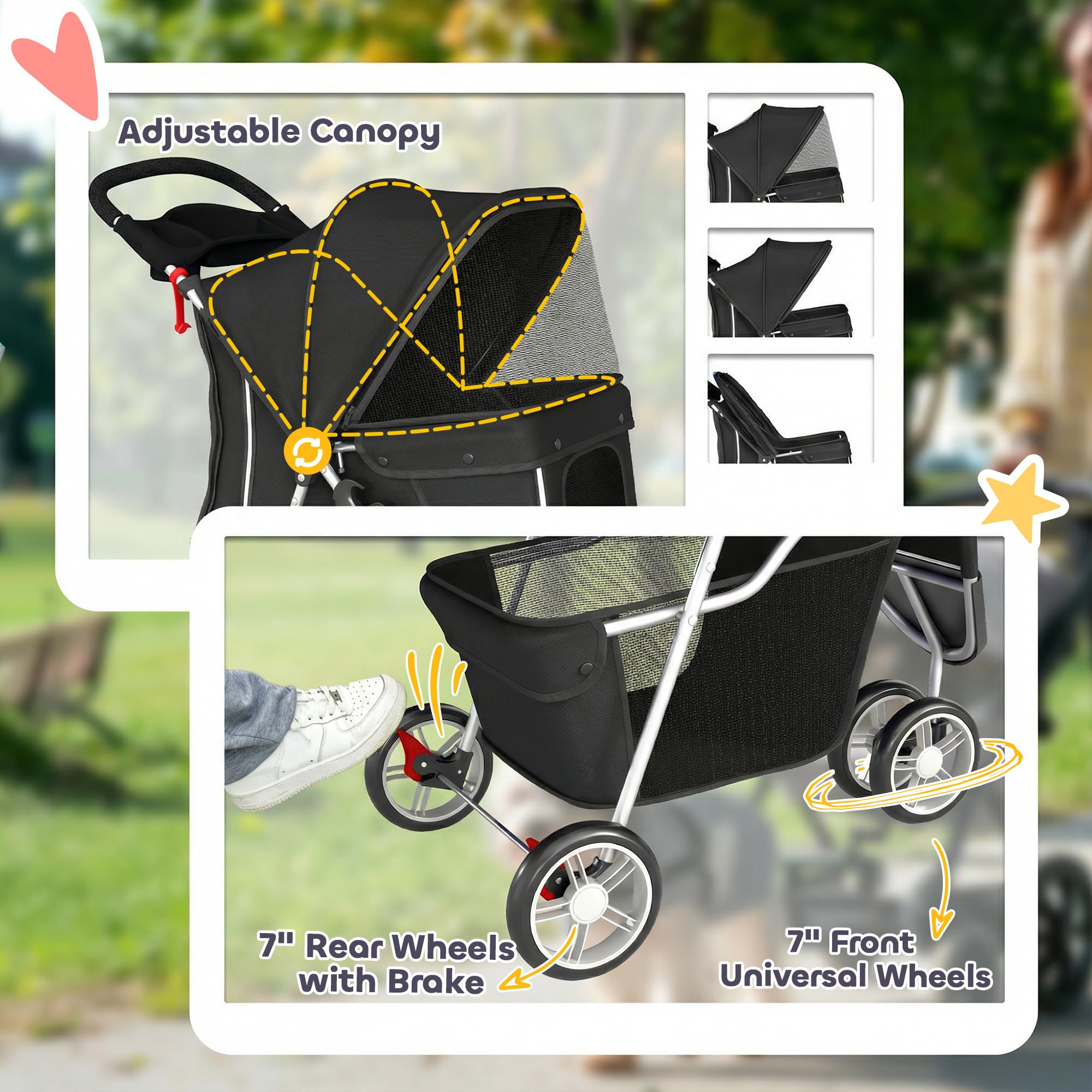 PawHut Hundewagen Hundebuggy Faltbar klappbar Katzenwagen bis 10kg mit Aufbewahrungskorb, Kissen, Netzfenster, Getränkehalter, 3 Räder, Aufbewahrungstasche, Haustierbuggy für kleine Hunde, Schwarz