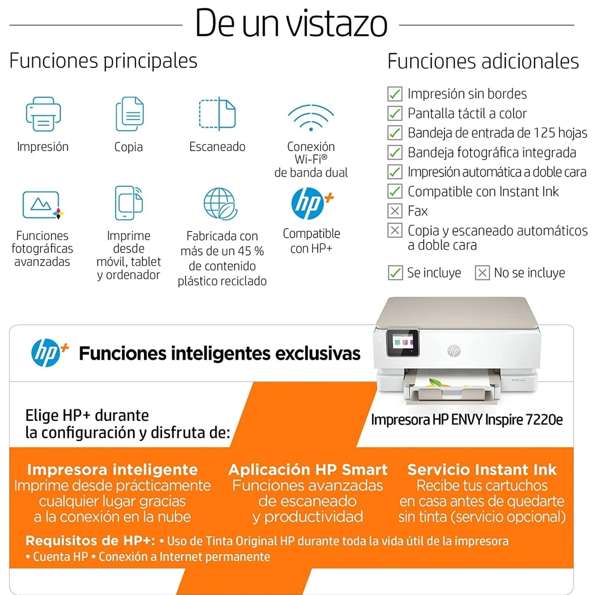 HP Envy Inspire 7220e 242P6B, Impresora multifunción de inyección de Tinta A4 a Color, Wi-Fi, impresión a Doble Cara automática, hasta 22 ppm, 6 Meses de impresión Instant Ink, Blanca