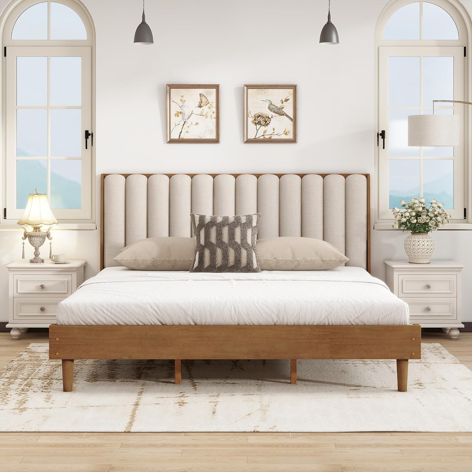 Ball & Cast King Size Bed Frame with Piano Key Style Upholstered Headboard,Wooden Platform Bed with Wood Slats Support,No Box Spring Needed,Easy Assembly,Wheat