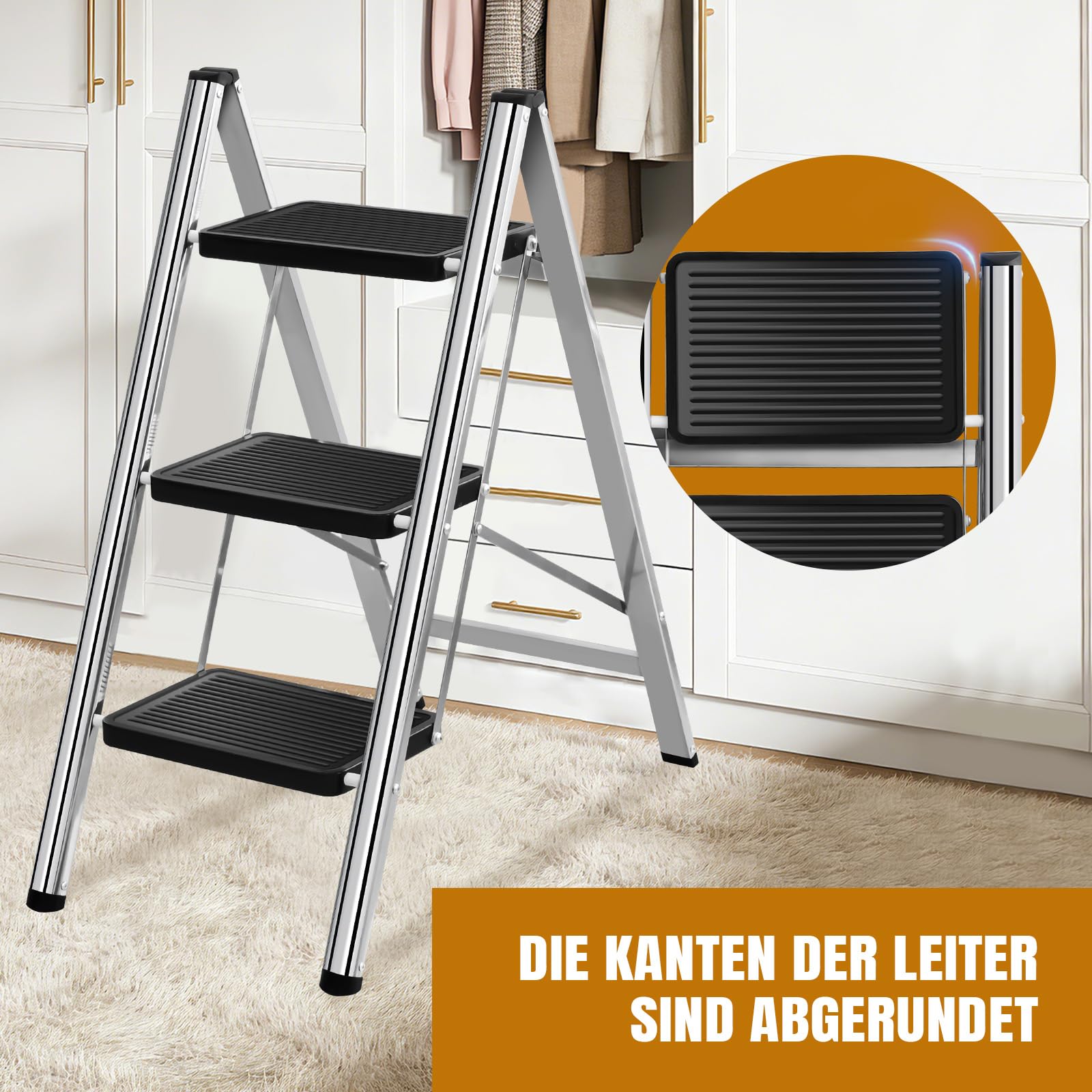 Escalera de 3 peldaños plegable con amplia plataforma antideslizante, escalera de acero inoxidable ligera con capacidad de carga de 150 kg, diseño plegable compacto para el hogar, cocina, autocaravana