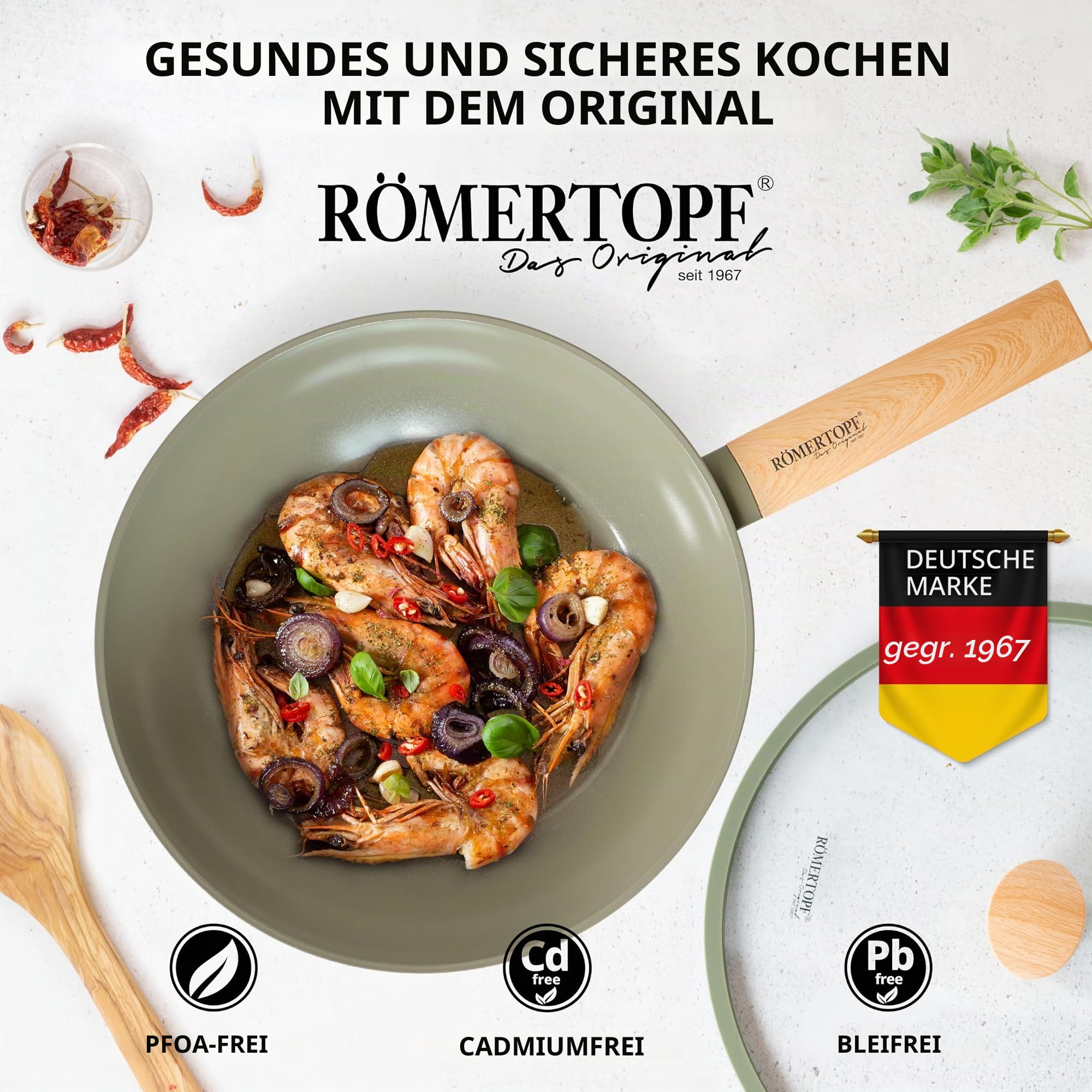Romertopf Wok 28 cm mit Glasdeckel, 3,52 l Fassungsvermögen, Aluminium mit Keramik Antihaftbeschichtung, für alle Herdarten inklusive Induktion geeignet, grün