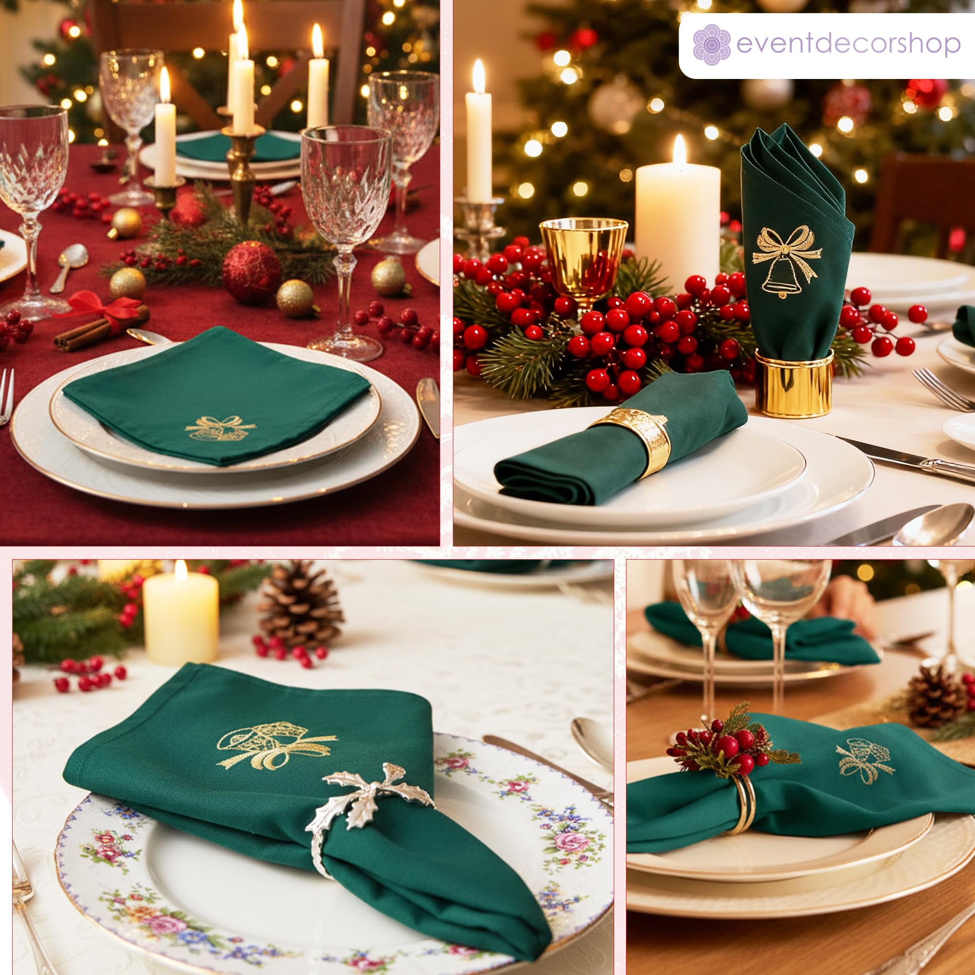 Lot de 20 serviettes de table de Noël réutilisables 100 % polyester filé avec broderie Jingle Clochette, résistante aux taches, lavable en machine (50,8 x 50,8 cm)