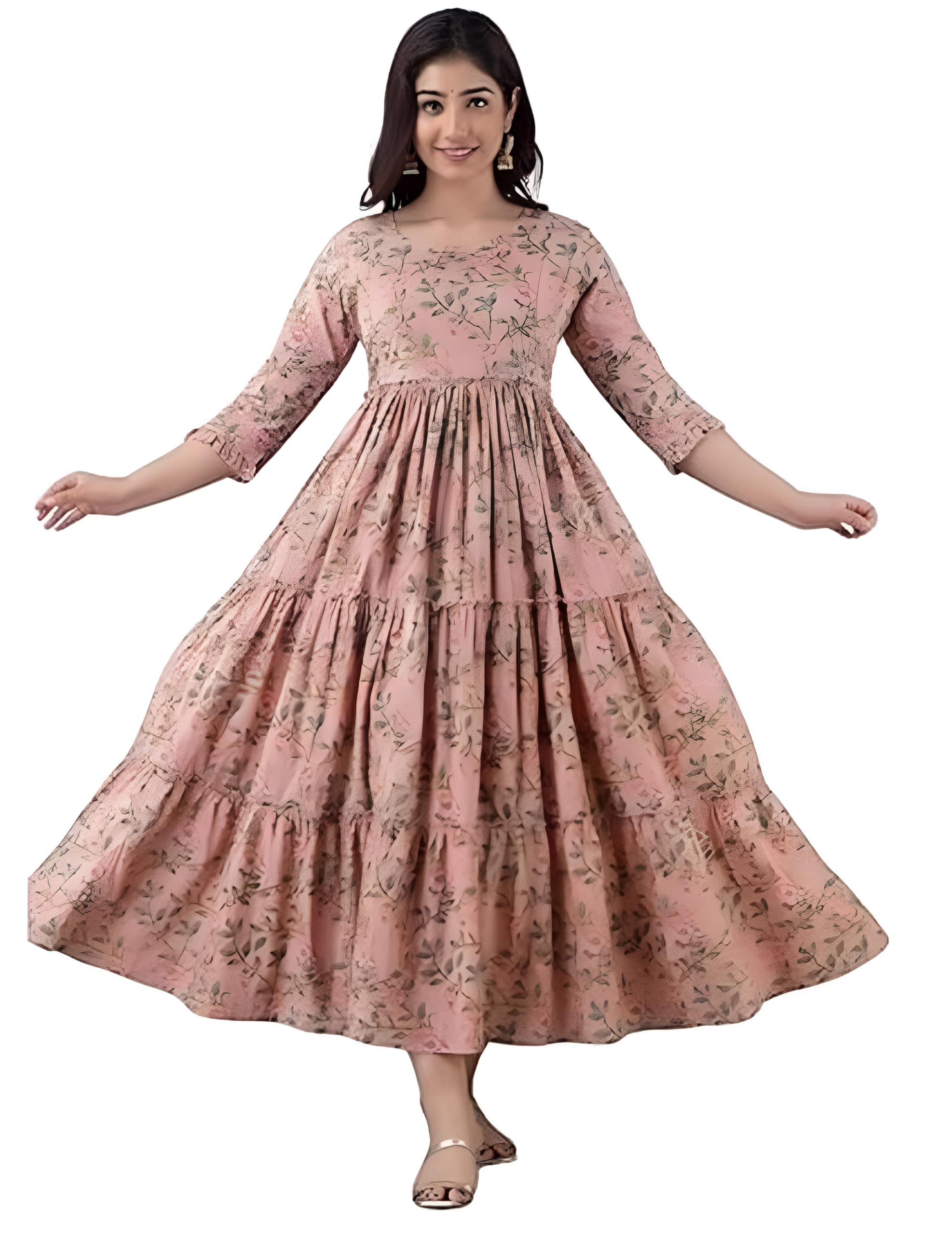 Women's Cotton Floral Printed Maternity Feeding Anarkali Long Kurti Gown with Side Zippers | Breastfeeding Dress for Mothers |Nursing Kurti, Comfortable and Trendy Maternity Wear Beige-image-12