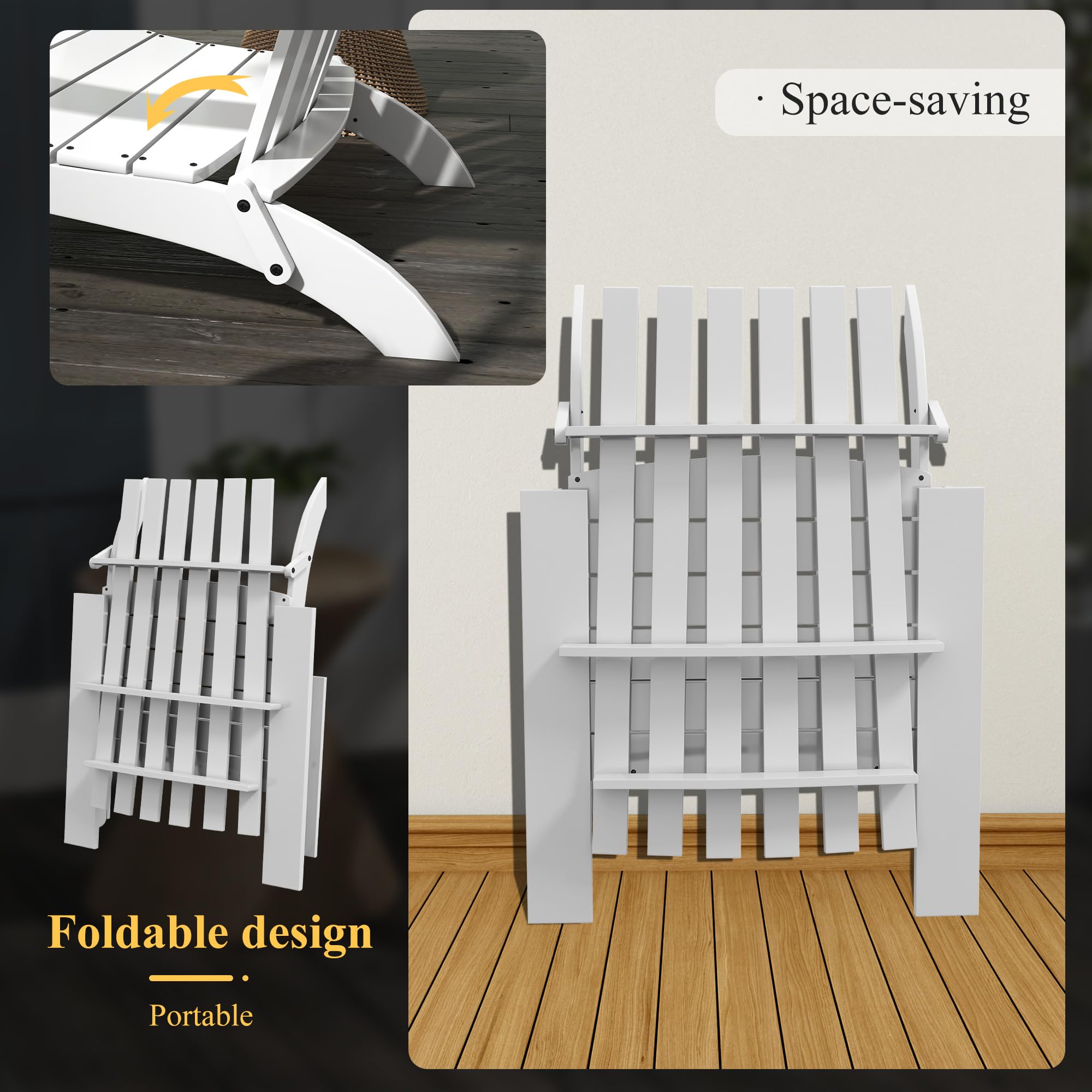 Outsunny Sedia Adirondack in legno, sedia da giardino pieghevole con braccioli carico 160 kg per patio terrazza balcone 68 x 81 x 93 cm bianco