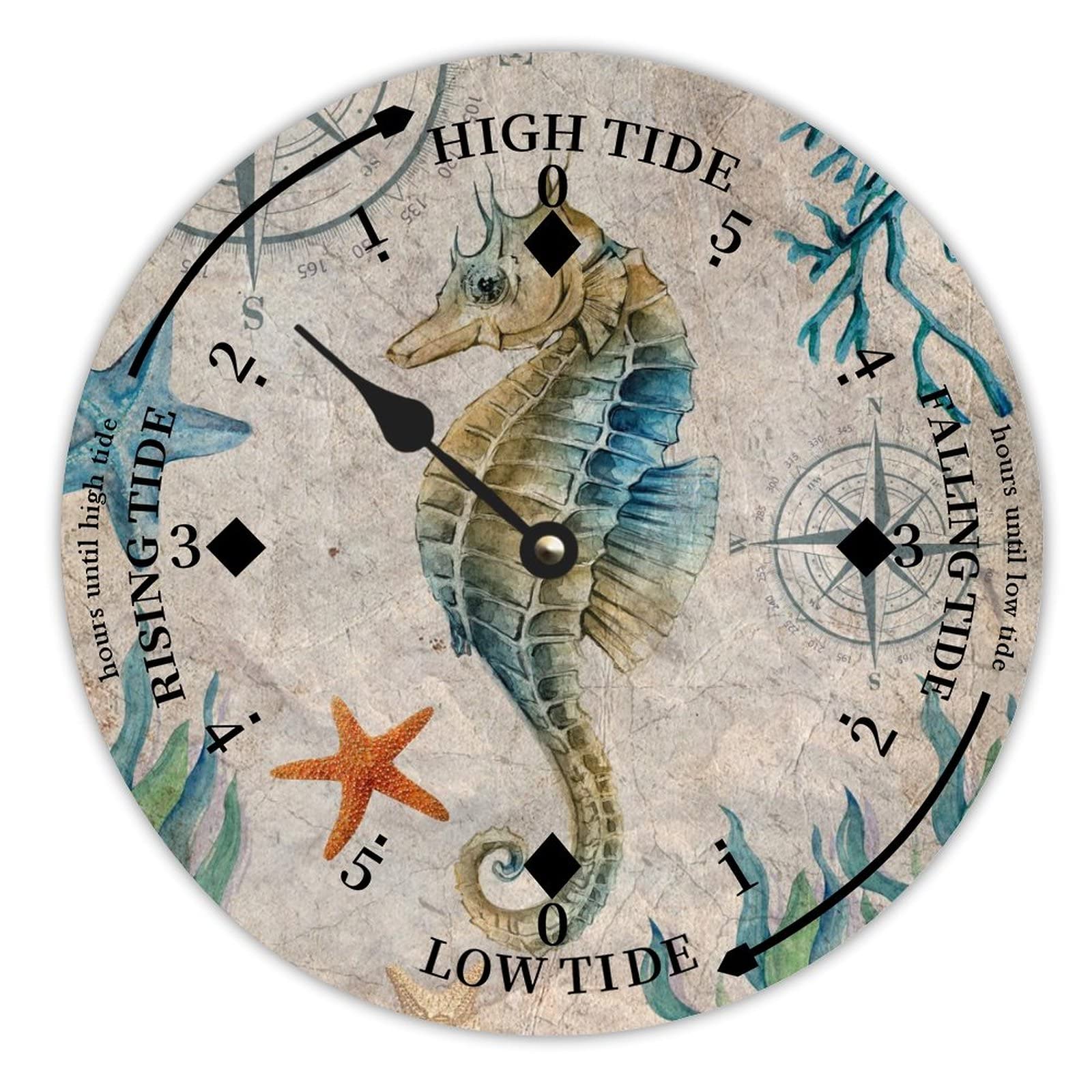 Luijorgy Style-7 Ocean Hippocampus Wood Tidal Clock Ocean Time Coastal High Tide Low Tide Clock Rustic Wooden Nautical Tide Movement Vintage Decor For Beach House Kitchen Wall Art 10 Inch