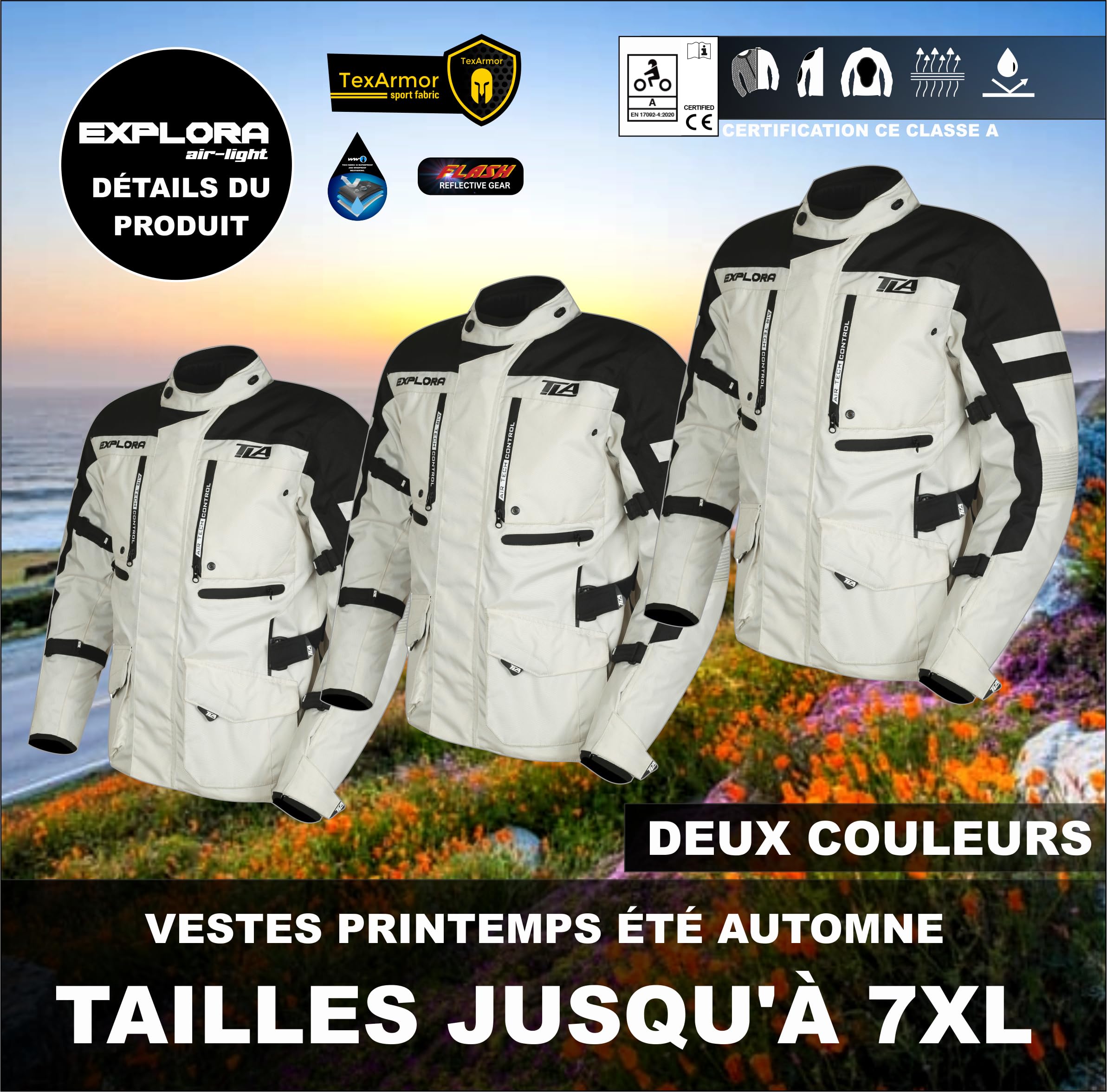 TLA EXPLORA LIGHT Veste moto avec protections homologuées CE classe A, doublure imperméable amovible, tailles jusqu'à 7XL homme, femme. Veste moto Enduro, Tourisme, Aventure, demi-saison, été